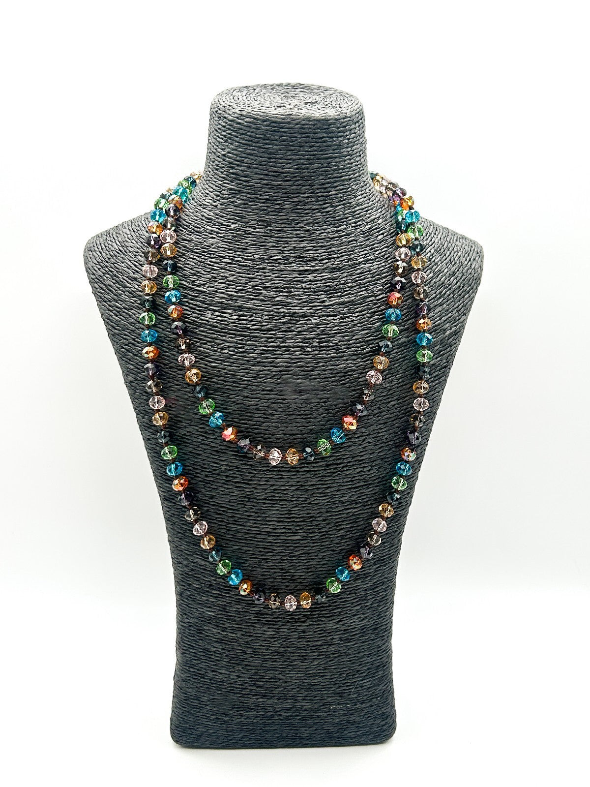 Vintage Multicolour Faceted Crystal Glass Necklace Hand Knotted Rainbow 23"