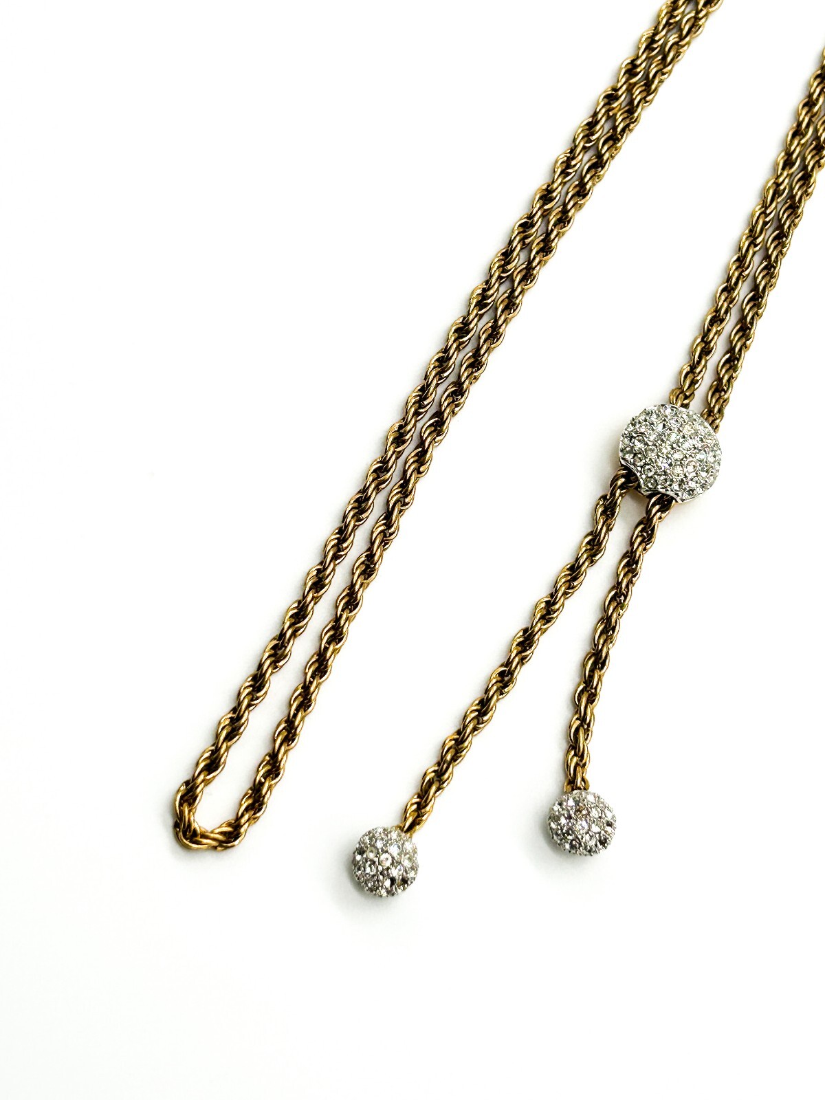 Vintage Gold Tone Rhinestone Bolo Necklace Twisted Rope Chain Adjustable Tassel