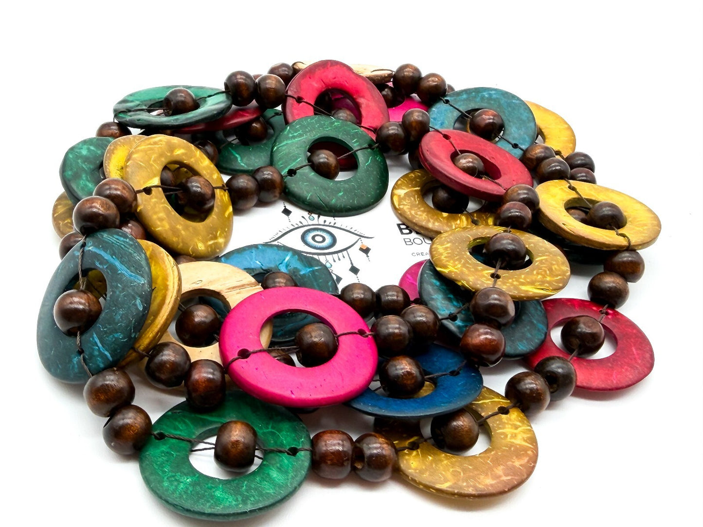 Colourful Dyed Coconut Shell & Wood Bead Necklace Boho 28” Long Festival