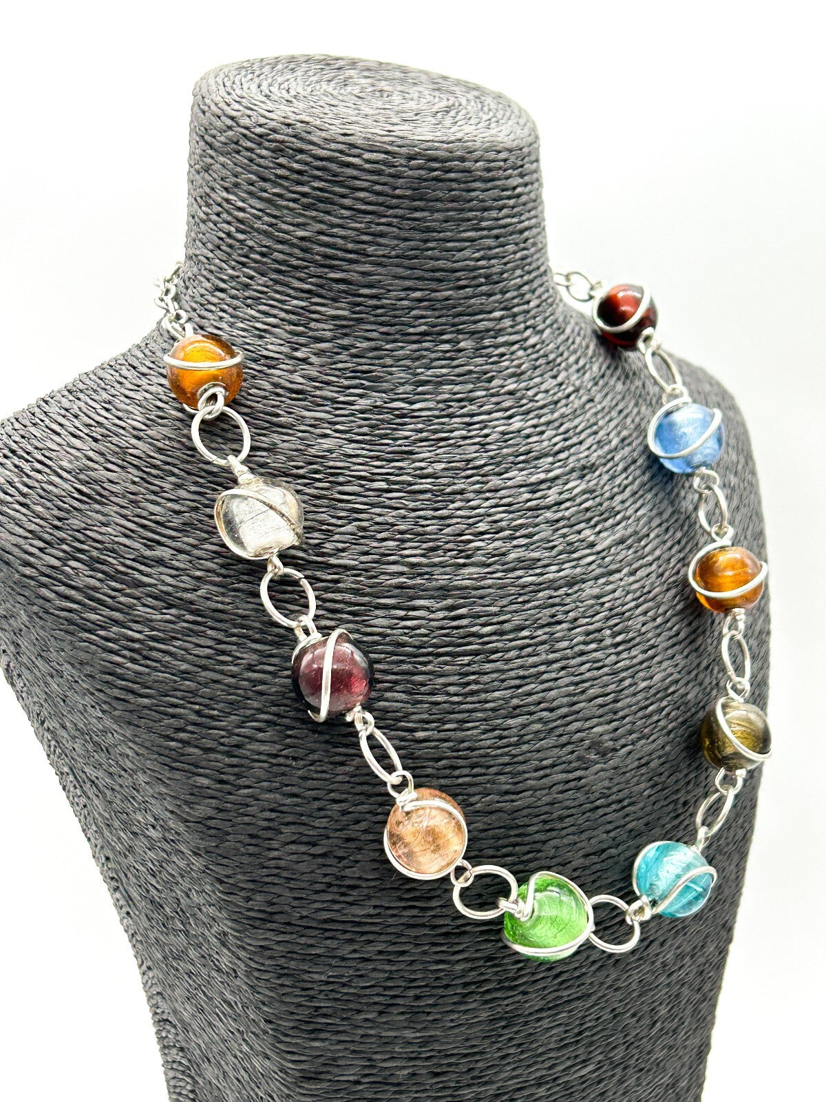 Vintage Multicolour Foil Art Glass Necklace Silver Tone Wrapped Beads Statement