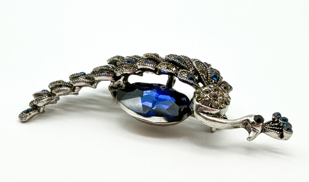 Peacock Rhinestone Brooch Blue Faceted Glass Bird Pin Silver Tone Statement