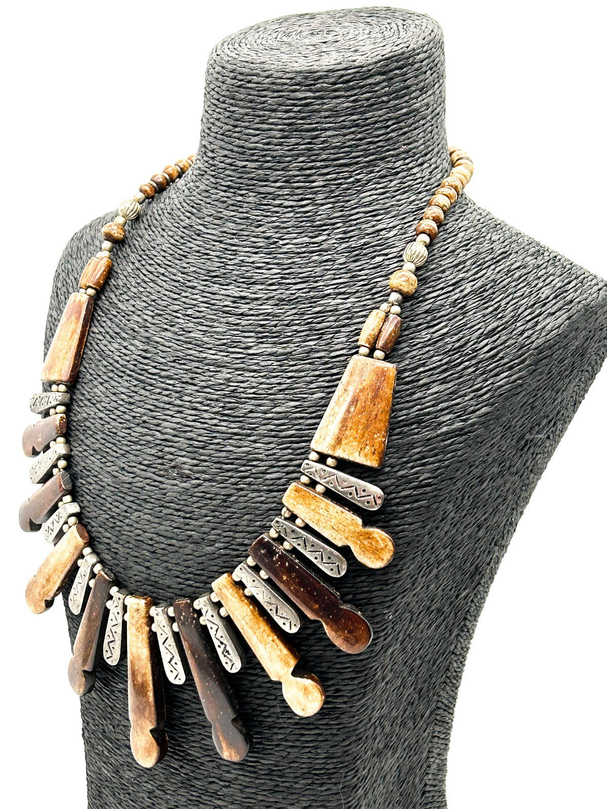 Vintage Boho Fringe Necklace Carved Organic Material Silver Tone Tribal Bib