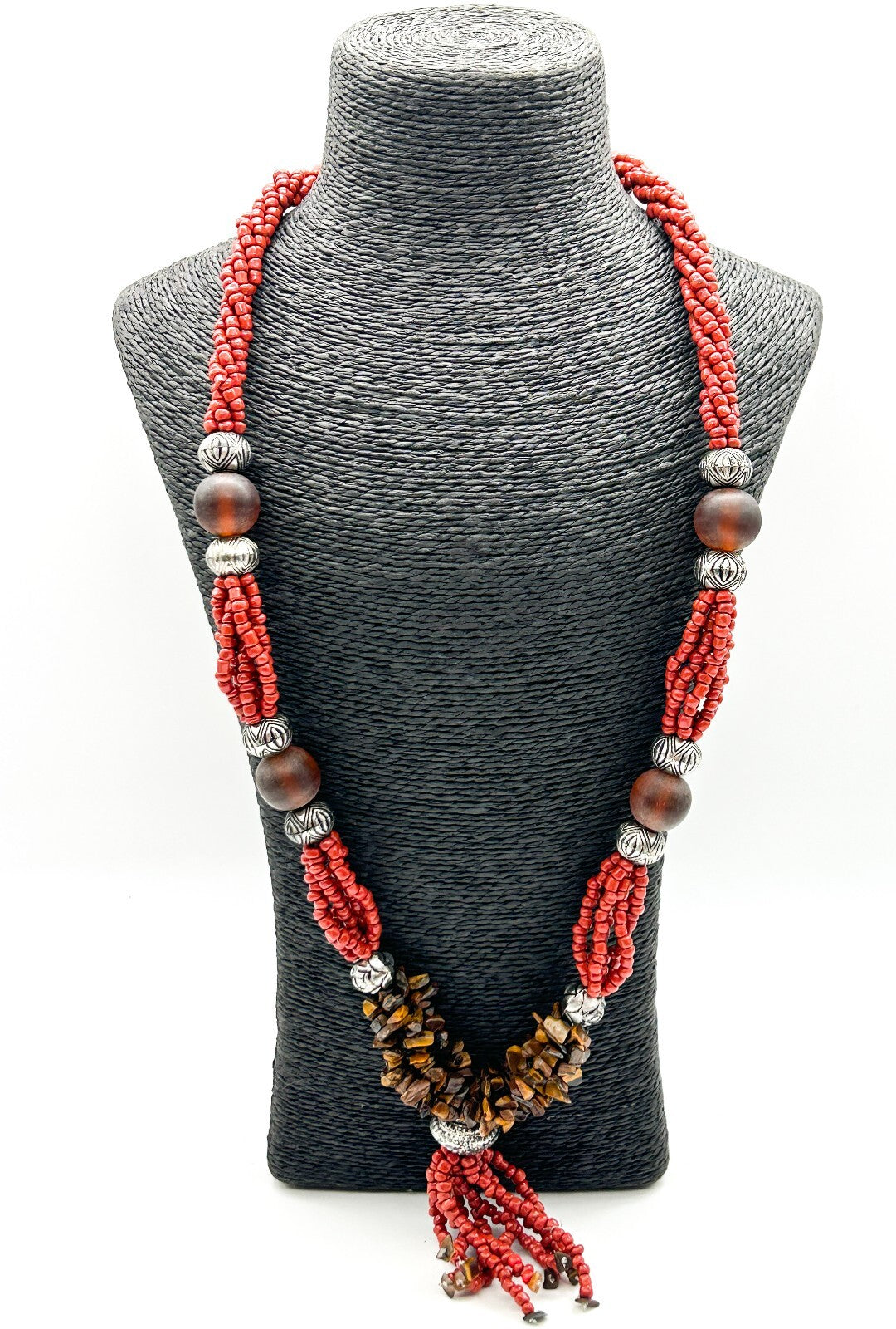 Vintage Tiger’s Eye Amber 6 Strand Tassel Necklace Red Glass Boho Statement