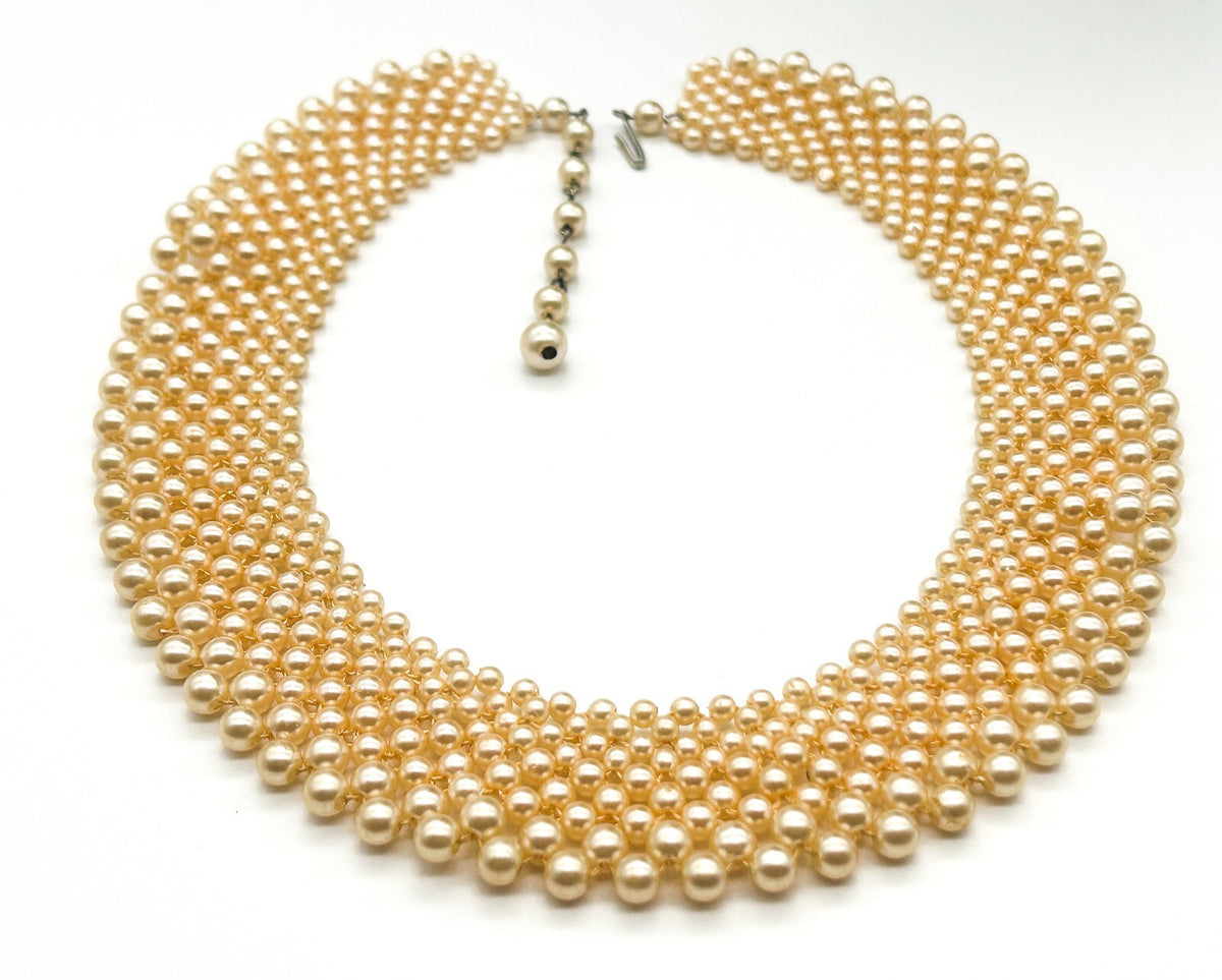 Vintage Hong Kong Faux Pearl Collar Necklace Cream Graduated Bib Statement