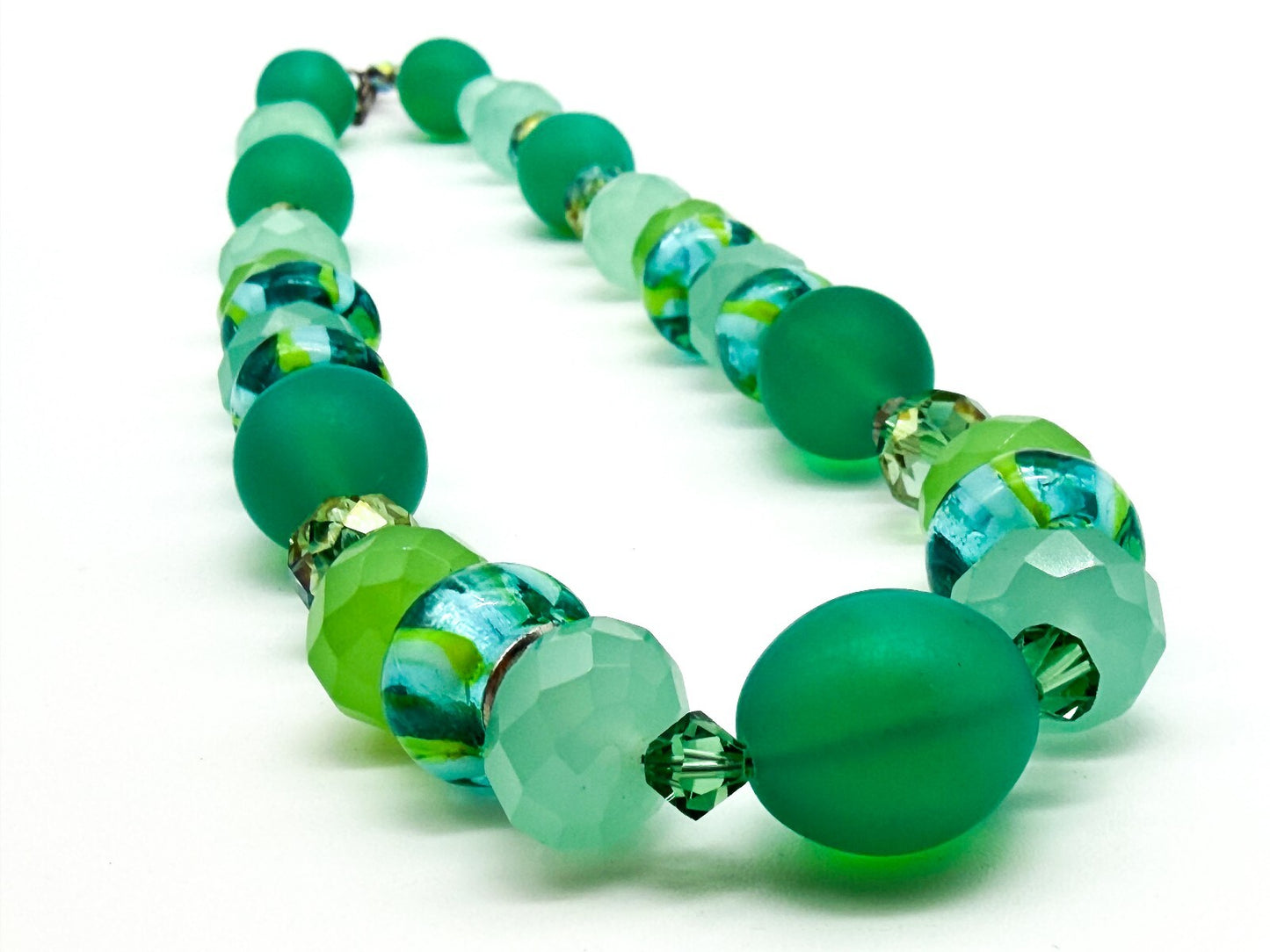 Frosted Green Glass Necklace Earrings Set Lampwork Beads Toggle Clasp Statement