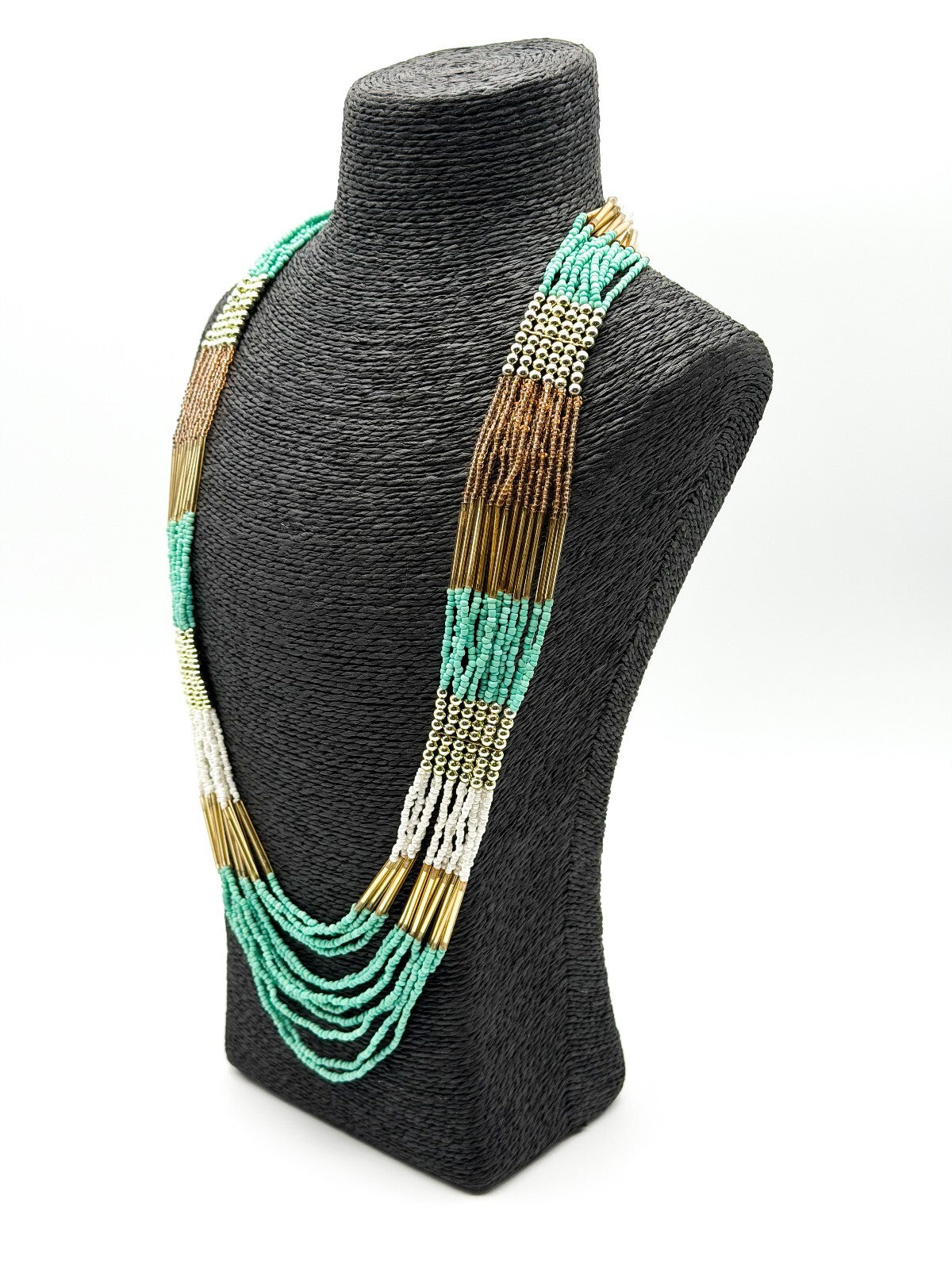 Boho Multi Strand Turquoise White Beaded Necklace Gold Tone Statement Festival