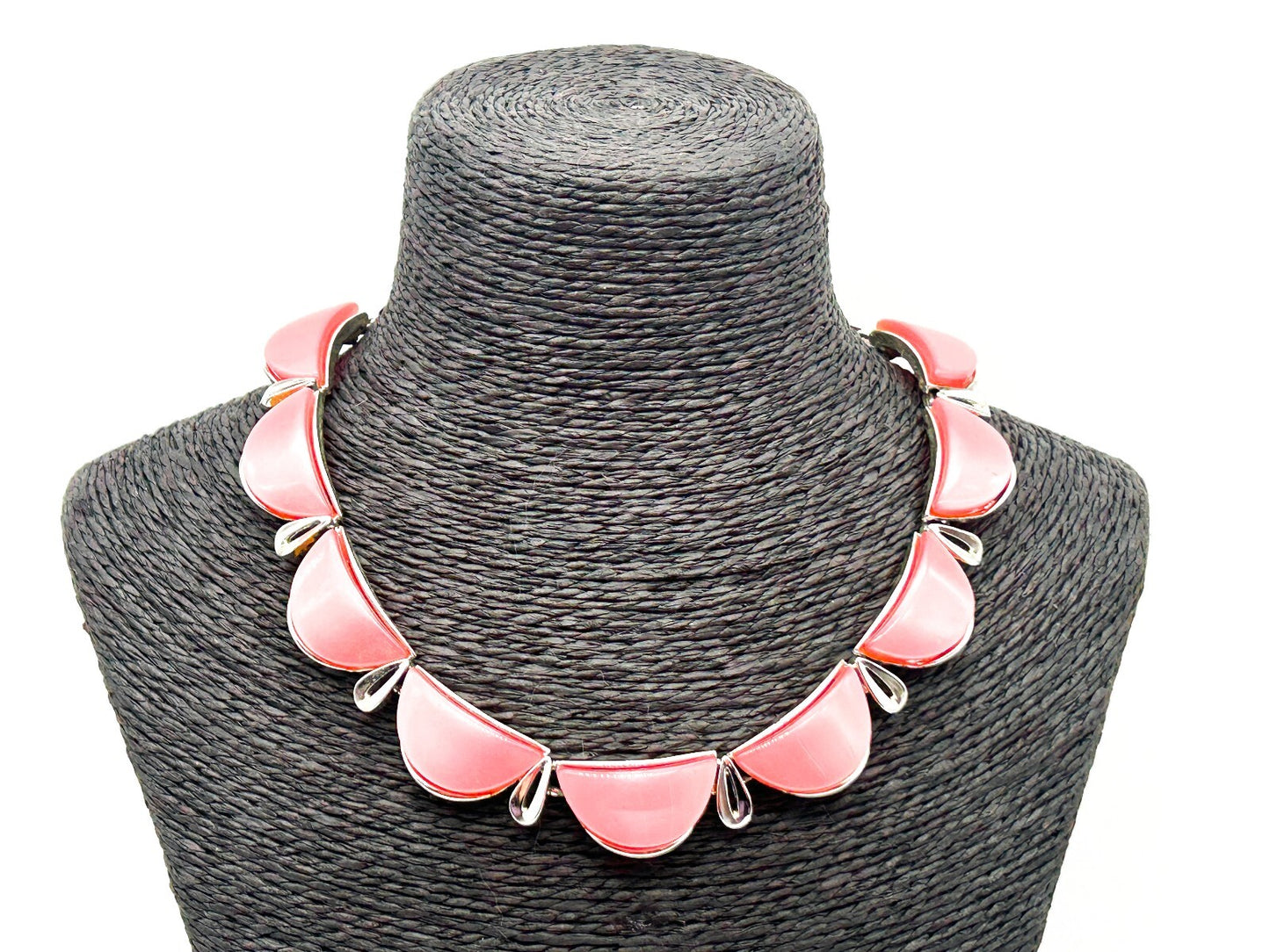 Vintage Star Signed Pink Thermoset Lucite Necklace 1950s Silver Tone Collar