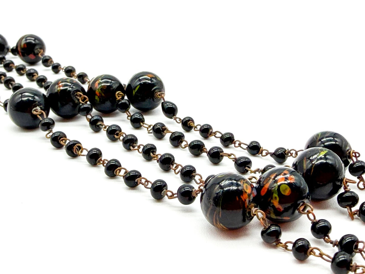 Vintage Murano Art Glass Flapper Necklace Black Orange Green Swirl Beads 26.5”