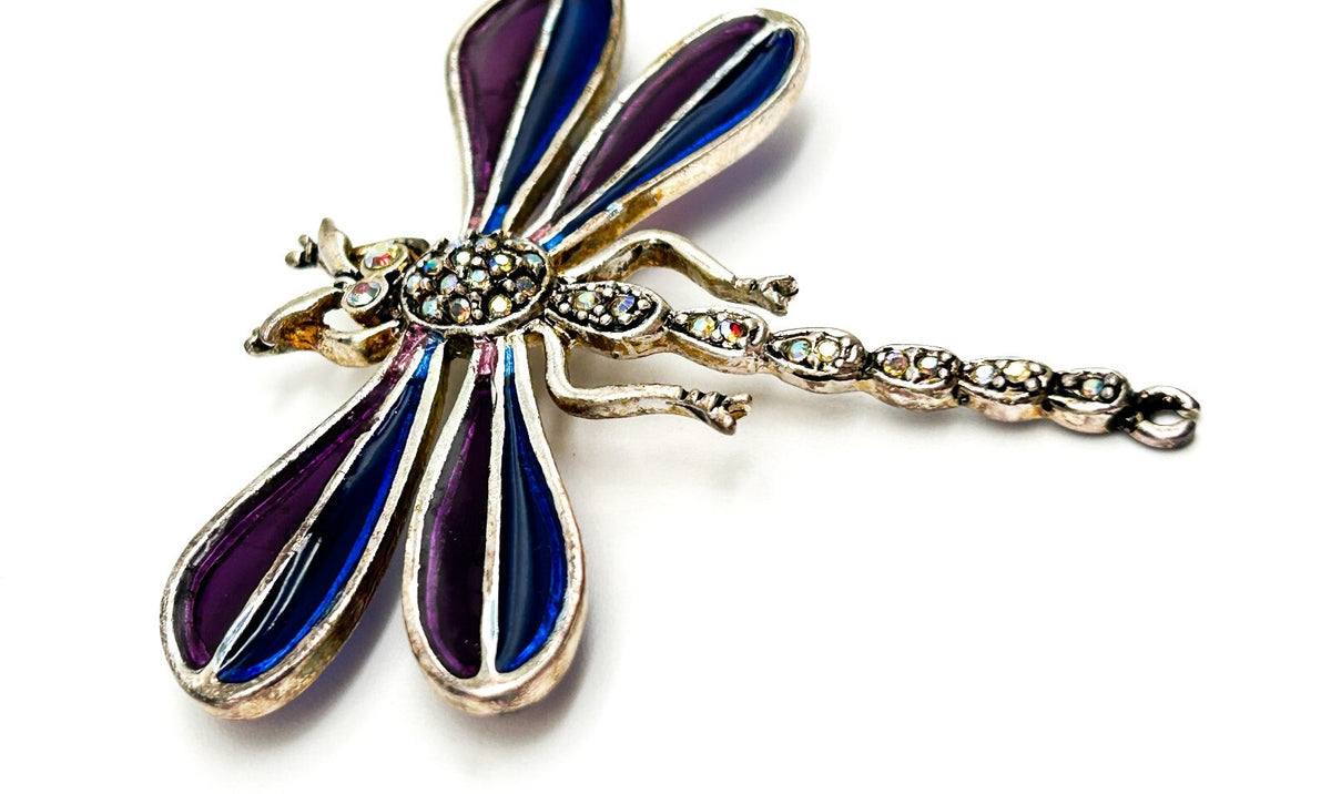 Vintage Purple Enamel Dragonfly Brooch AB Rhinestone Glass Figural Statement