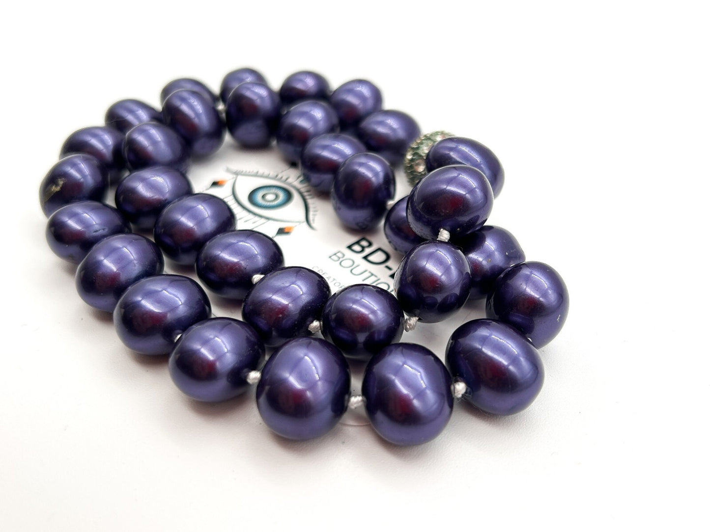 Vintage Chunky Purple Glass Faux Pearl Necklace Hand Knotted Magnetic Clasp