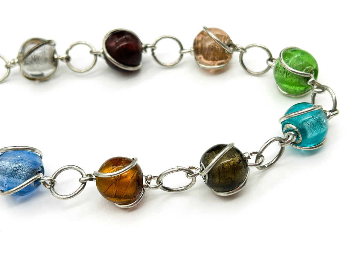 Vintage Multicolour Foil Art Glass Necklace Silver Tone Wrapped Beads Statement
