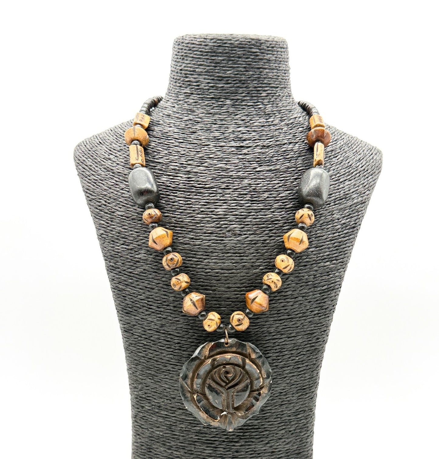 Vintage Boho Carved Organic Material Tribal Necklace Wood Bead Flower Pendant