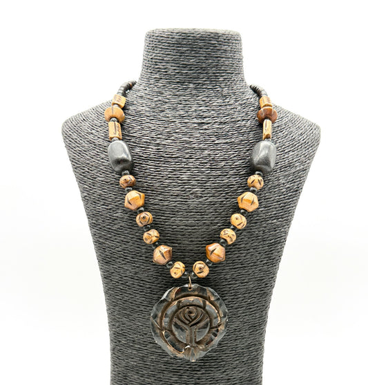 Vintage Boho Carved Organic Material Tribal Necklace Wood Bead Flower Pendant