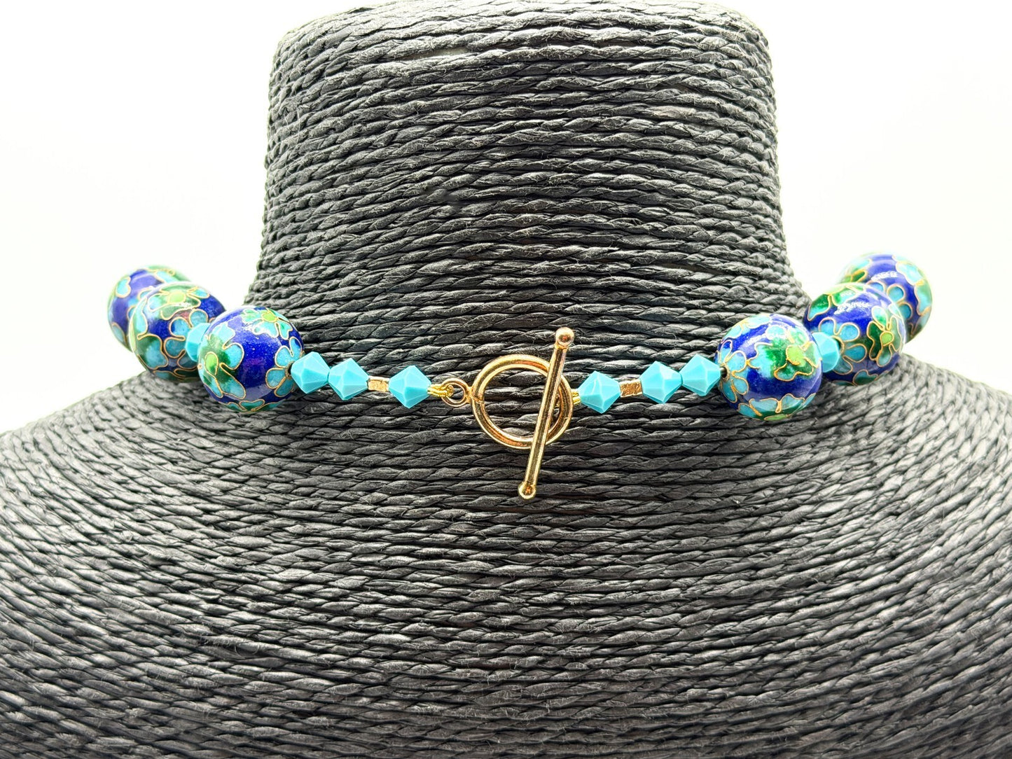 Cloisonné Enamel Bead Necklace Blue Green Floral Artisan Toggle Statement