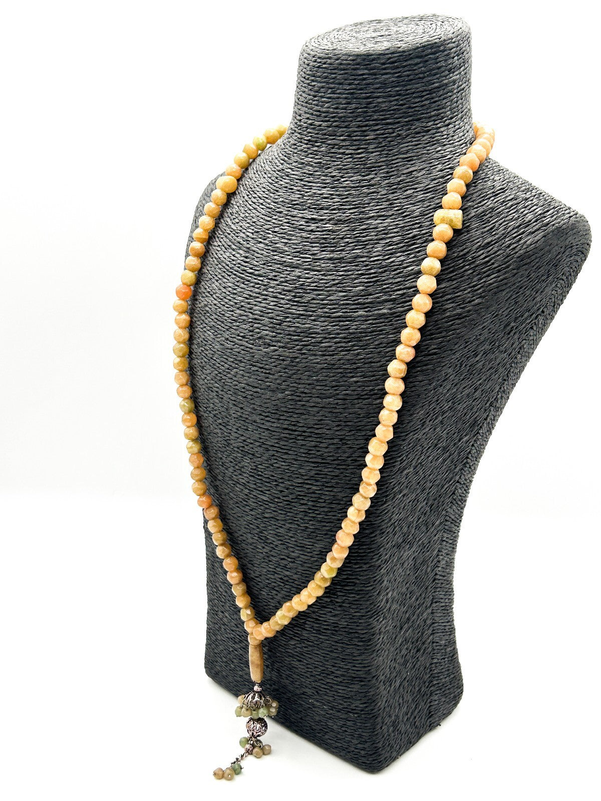 Vintage Yellow Jade Beaded Necklace Green Jade Tassel Pendant Gemstone