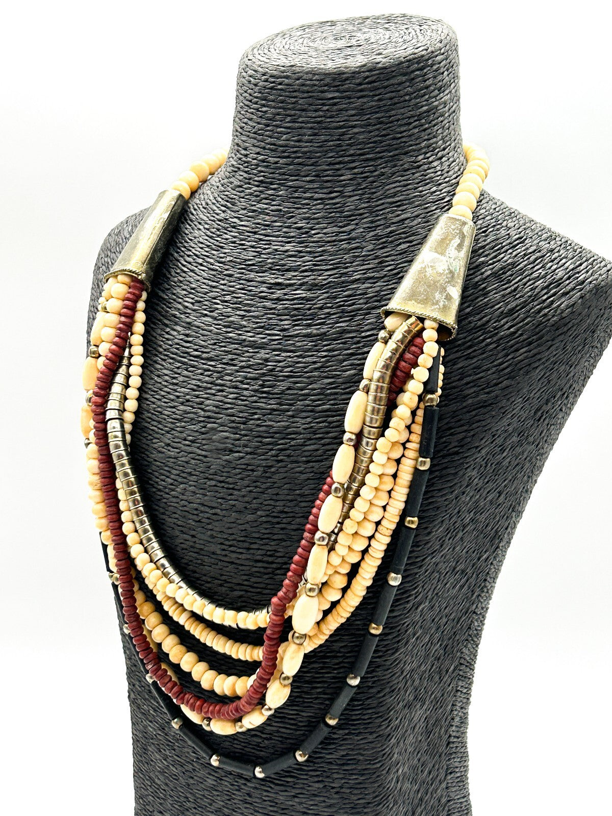 Vintage 7 Strand Organic Bead Necklace Black Cream Red Boho Statement