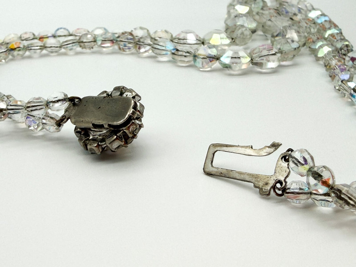 Vintage Aurora Borealis Crystal Glass Double Strand Necklace Rhinestone Clasp
