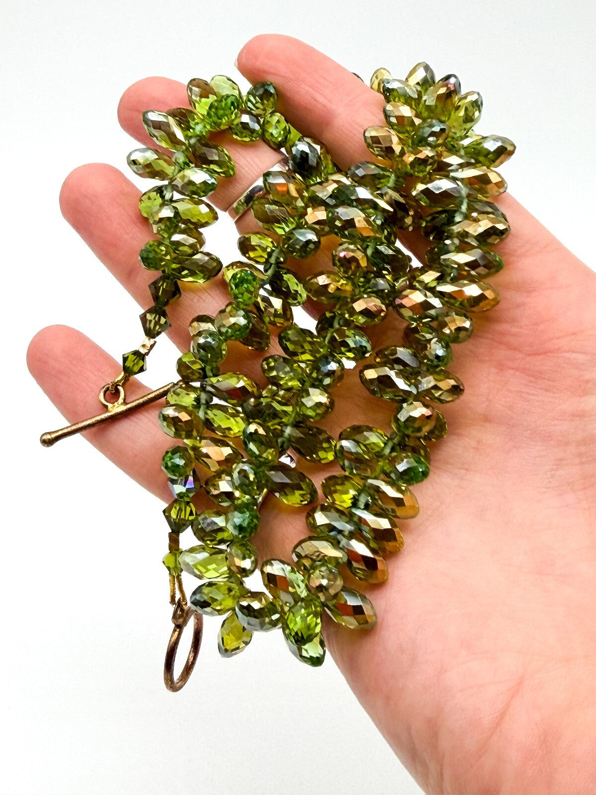 Swarovski Beads Green Crystal Necklace Faceted Teardrop Beads Gold Tone Toggle