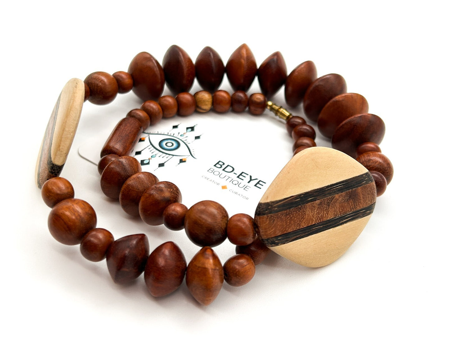 Vintage Chunky Wooden Bead Necklace Striped Geometric Boho 90s Retro Statement