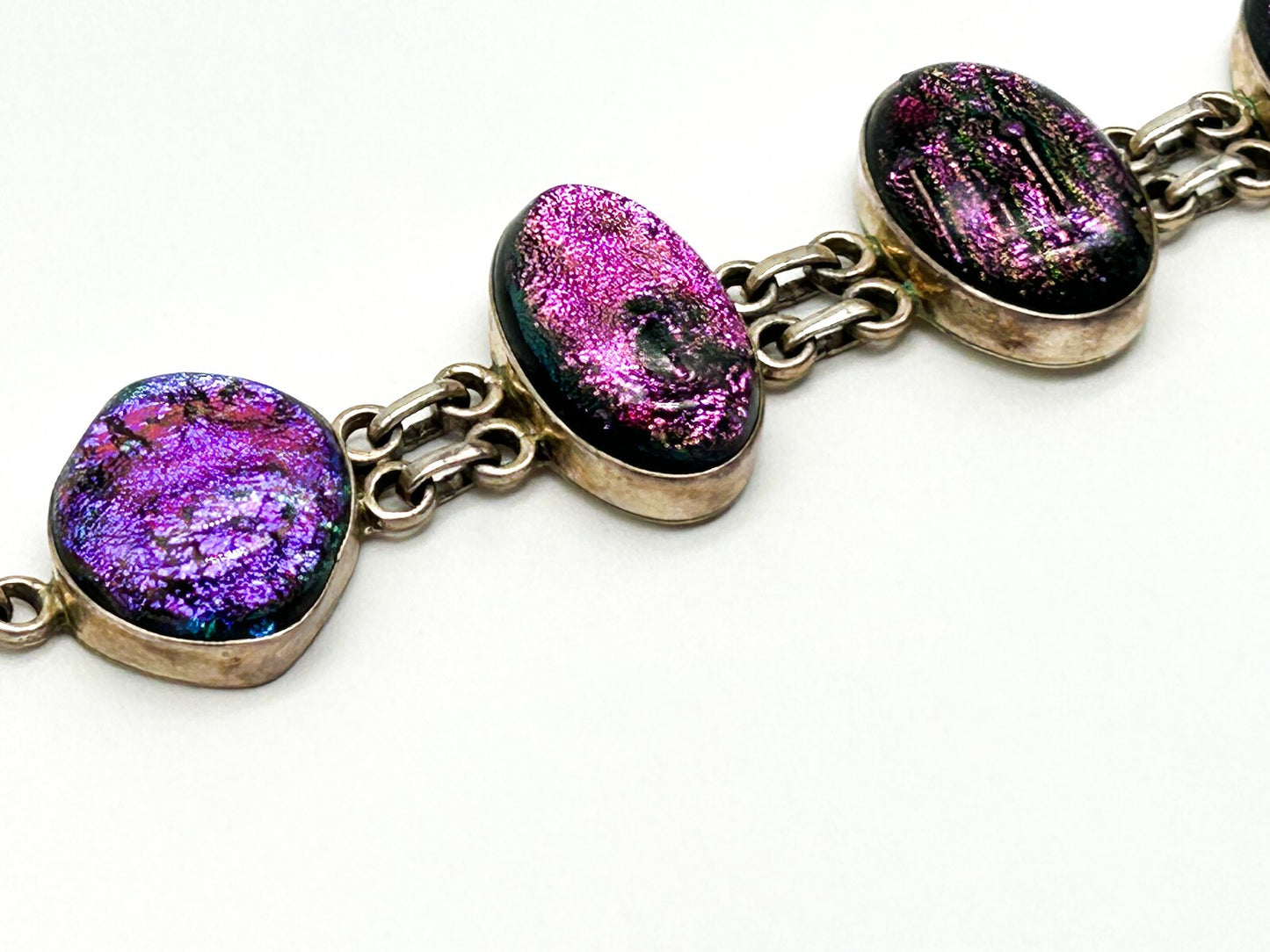 925 Sterling Silver Dichroic Glass Bracelet Purple Pink Artisan Panel Bracelet