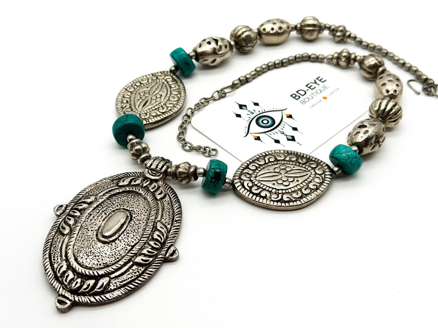 Large Silver Tone Medallion Statement Necklace Turquoise Howlite Boho Festival