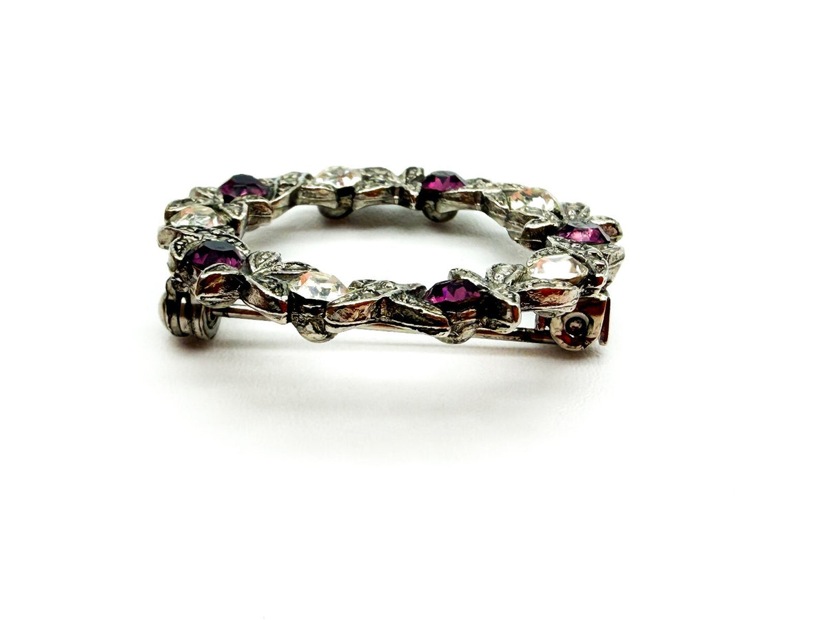 Vintage Purple & Clear Rhinestone Wreath Brooch Silver Tone Floral Pin
