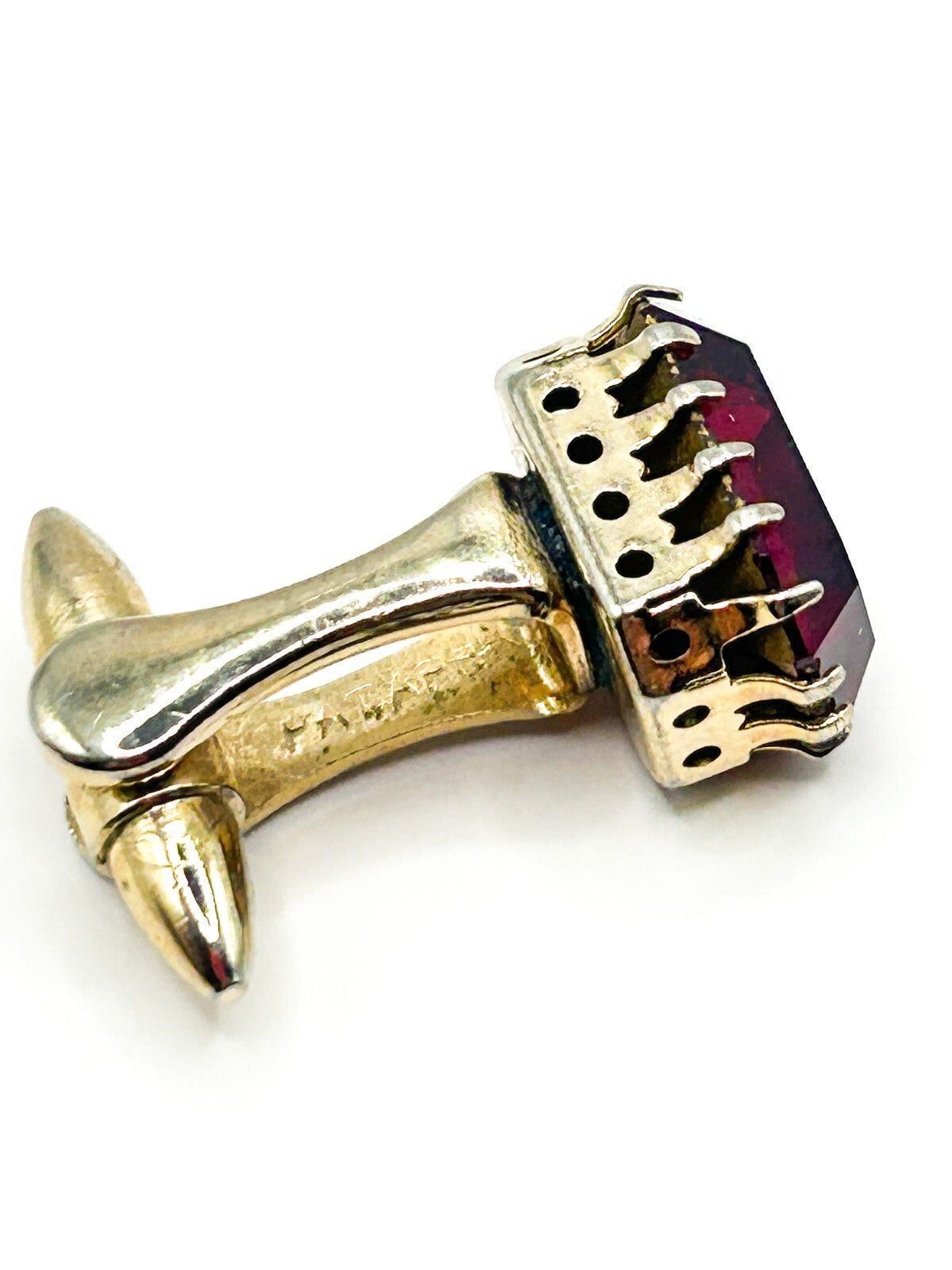 Vintage Ruby Red Faceted Glass Gold Tone Cufflinks PAT APP Prong Set 1950s 60s