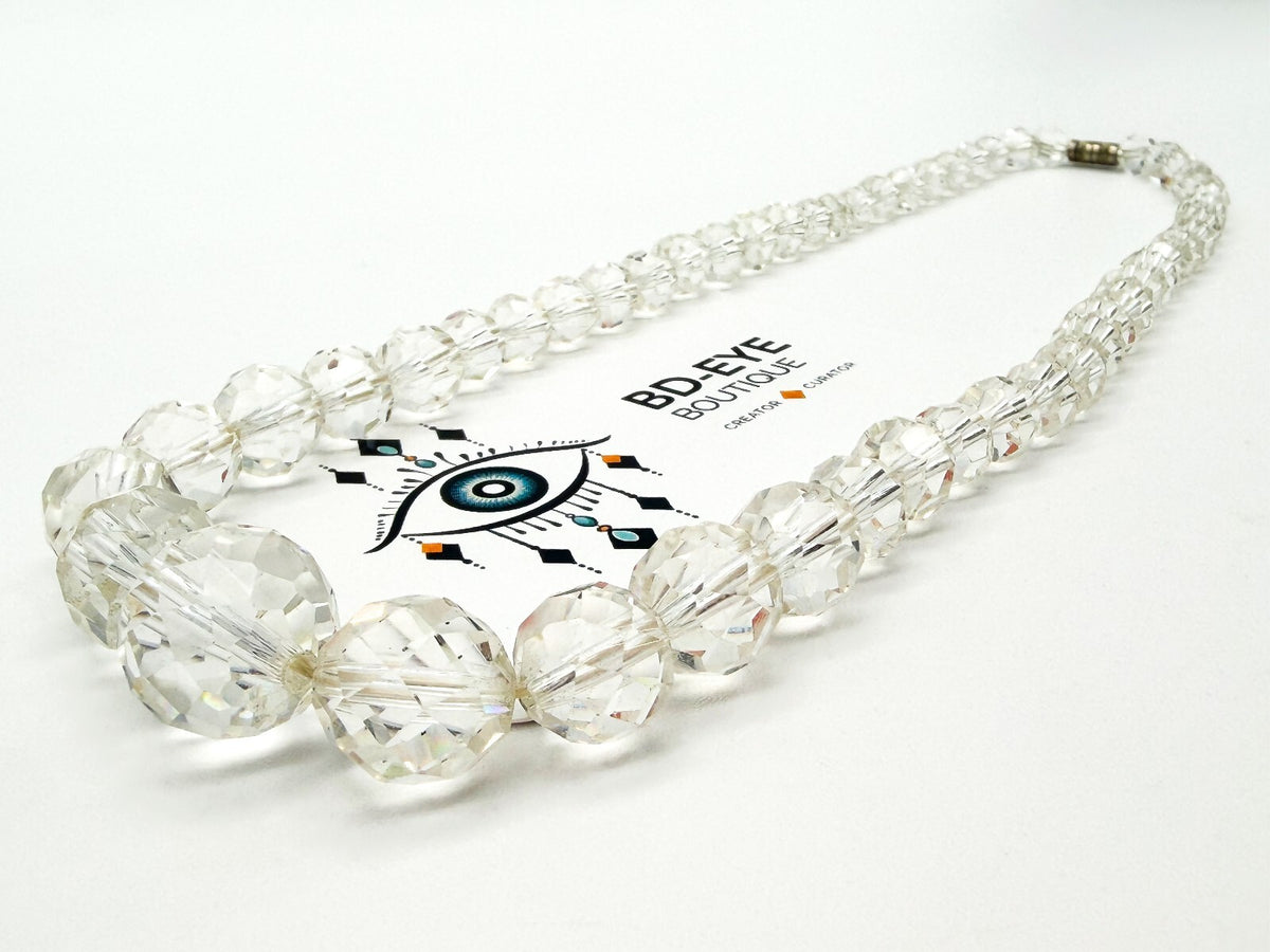 Vintage Clear Faceted Glass Bead Necklace Graduated Crystal Look Screw Clasp