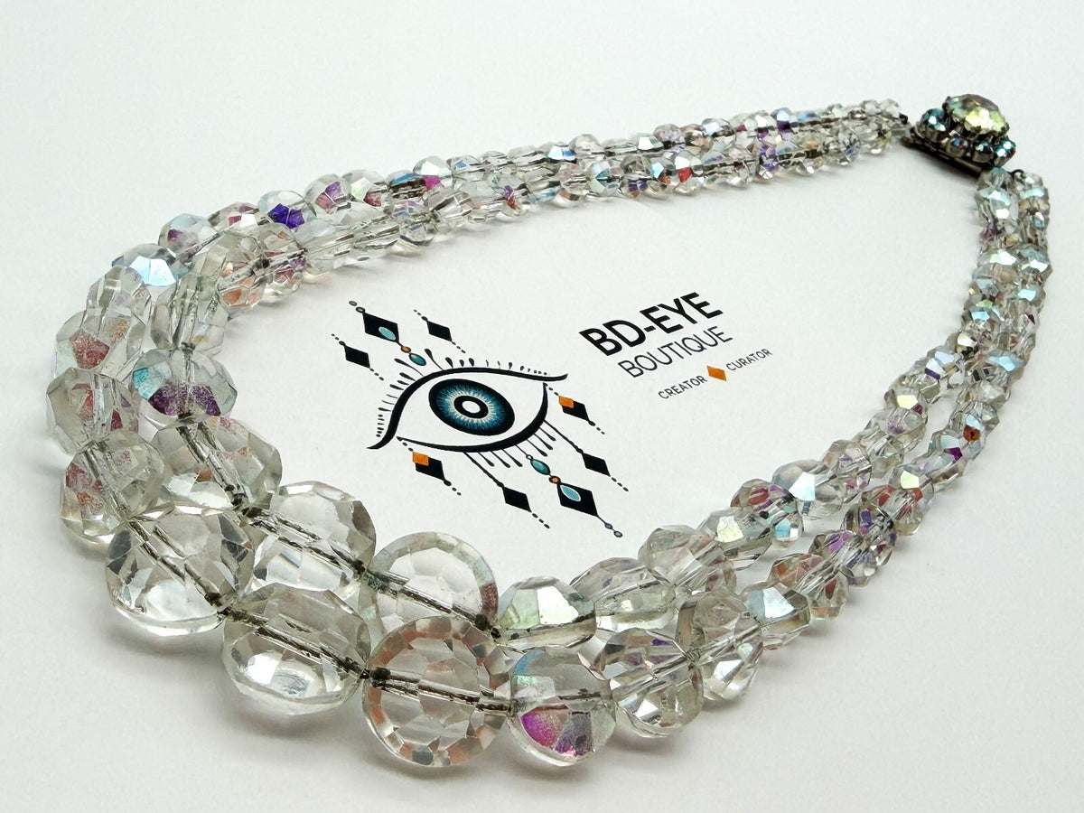 Vintage Aurora Borealis Crystal Glass Double Strand Necklace Rhinestone Clasp