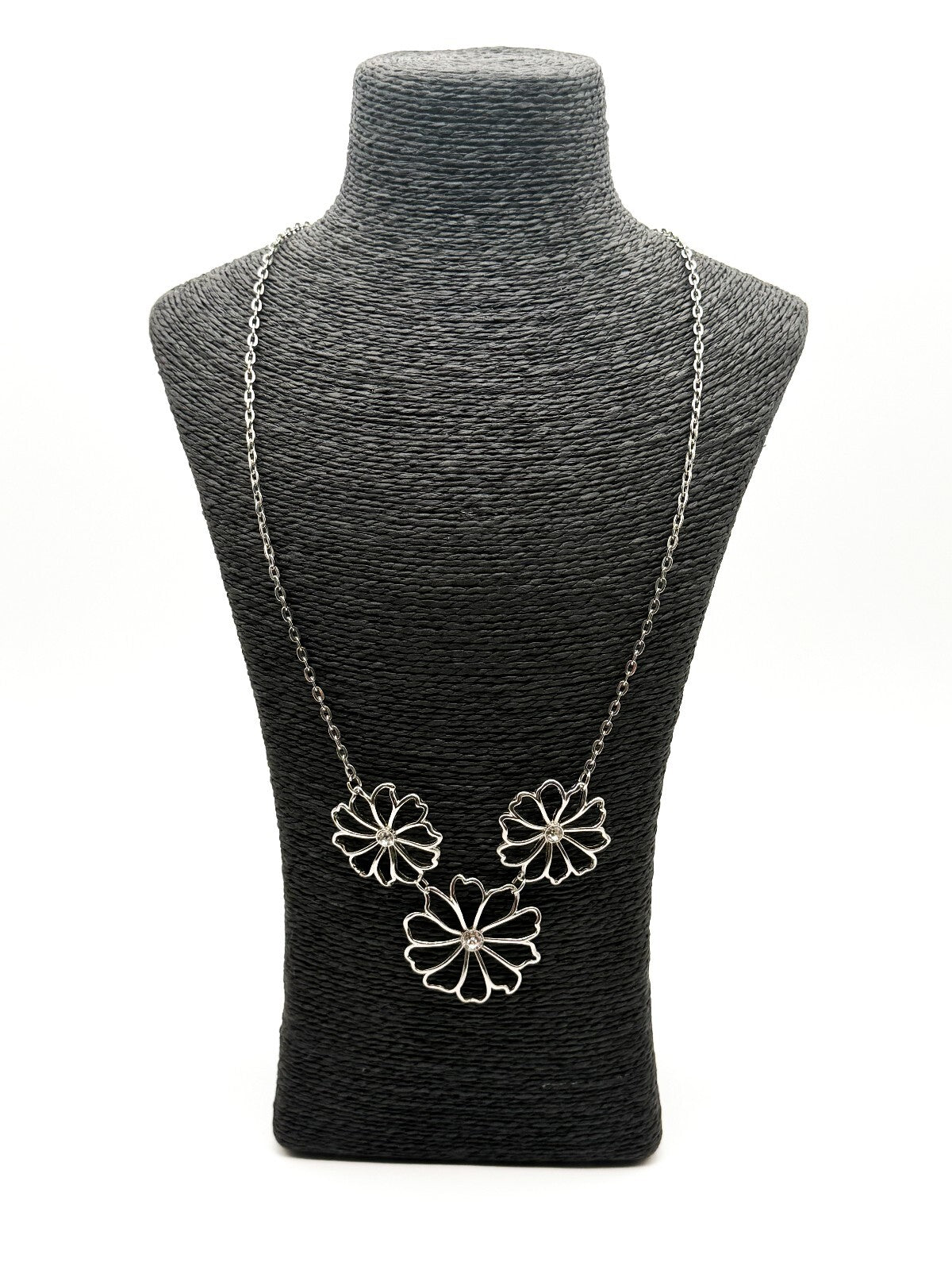 Silver Tone Triple Flower Statement Necklace Rhinestone Floral Pendant 26”
