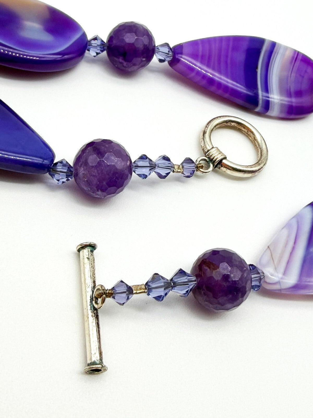 Chunky Amethyst & Purple Banded Agate Gemstone Necklace Faceted Crystal Beads