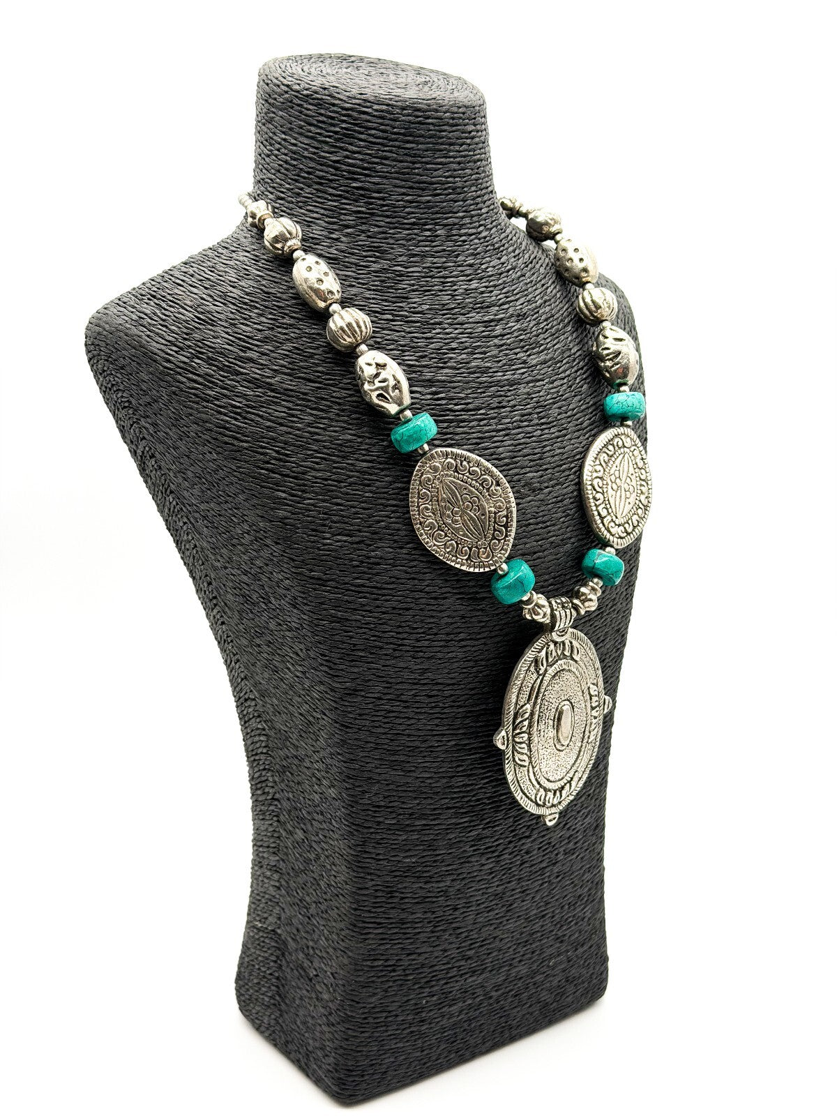 Large Silver Tone Medallion Statement Necklace Turquoise Howlite Boho Festival
