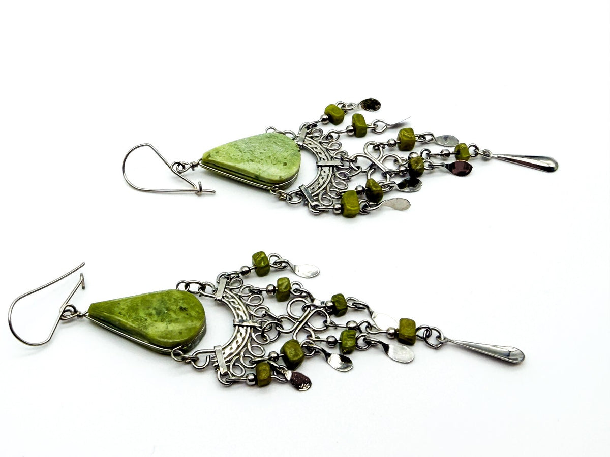 Peruvian Alpaca Silver Serpentine Necklace Earrings Set Wirework Floral Bib