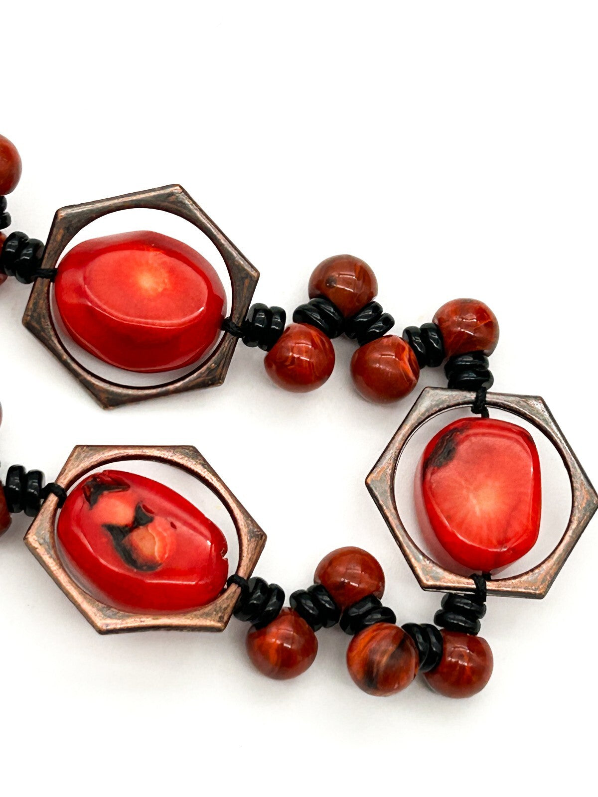 Chunky Red Coral Nugget Necklace Bronze Hexagon Beads Multi Strand Statement