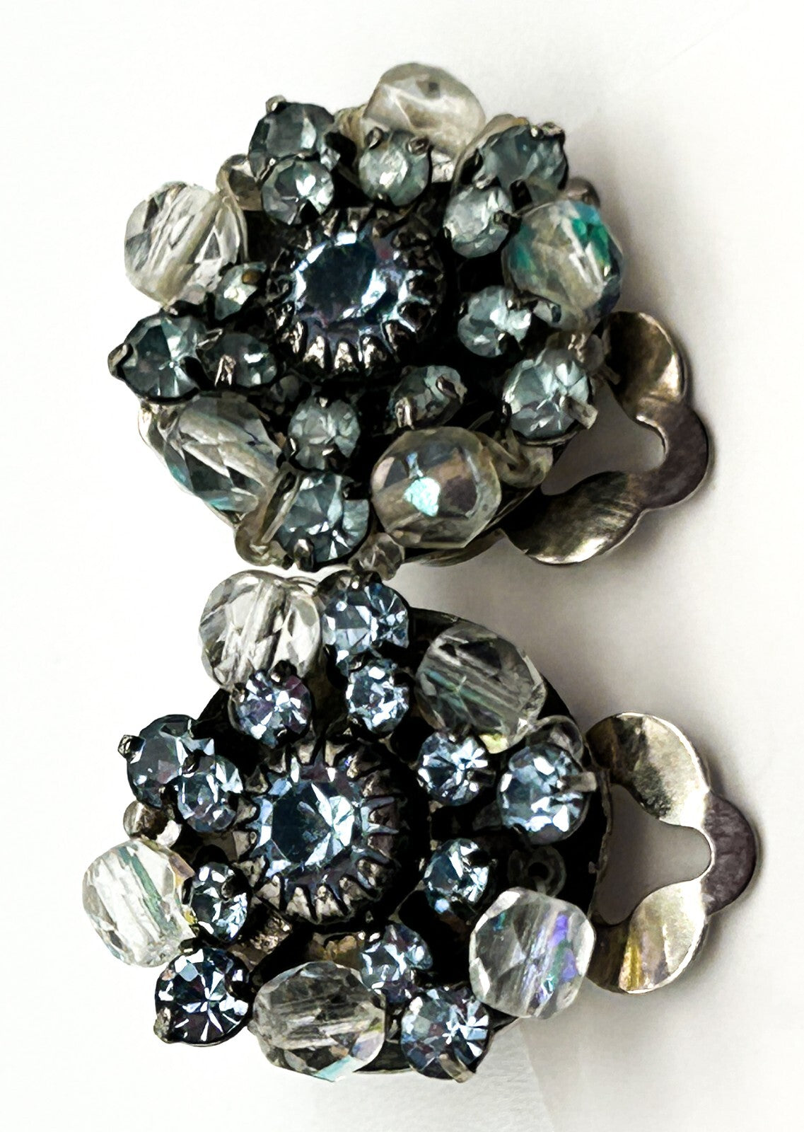 Vintage Clip On Rhinestone Earrings Bundle Blue Clear Pink Red Flower Cluster