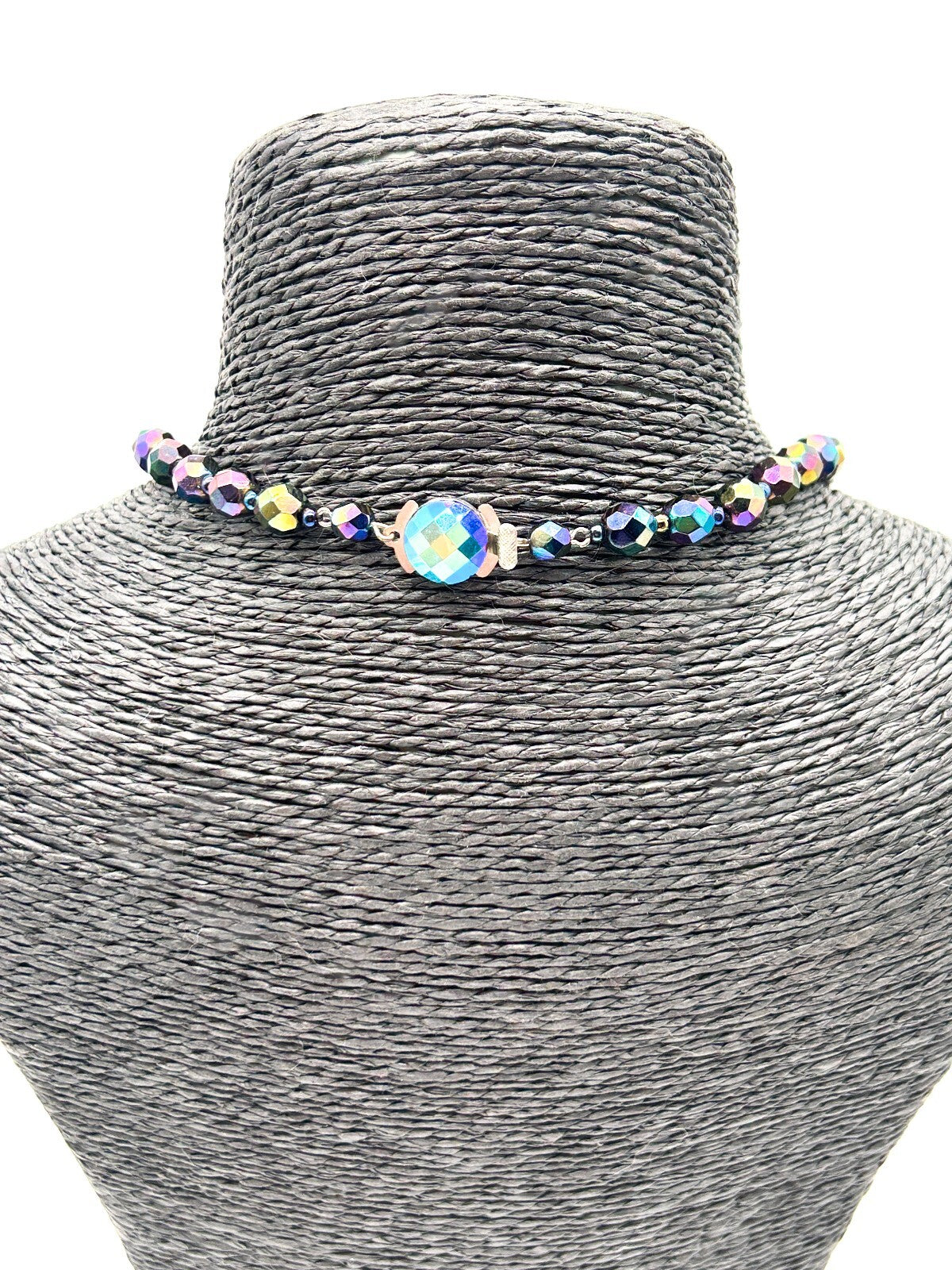 Vintage Carnival Glass Bead Necklace Peacock Iridescent Faceted 19”