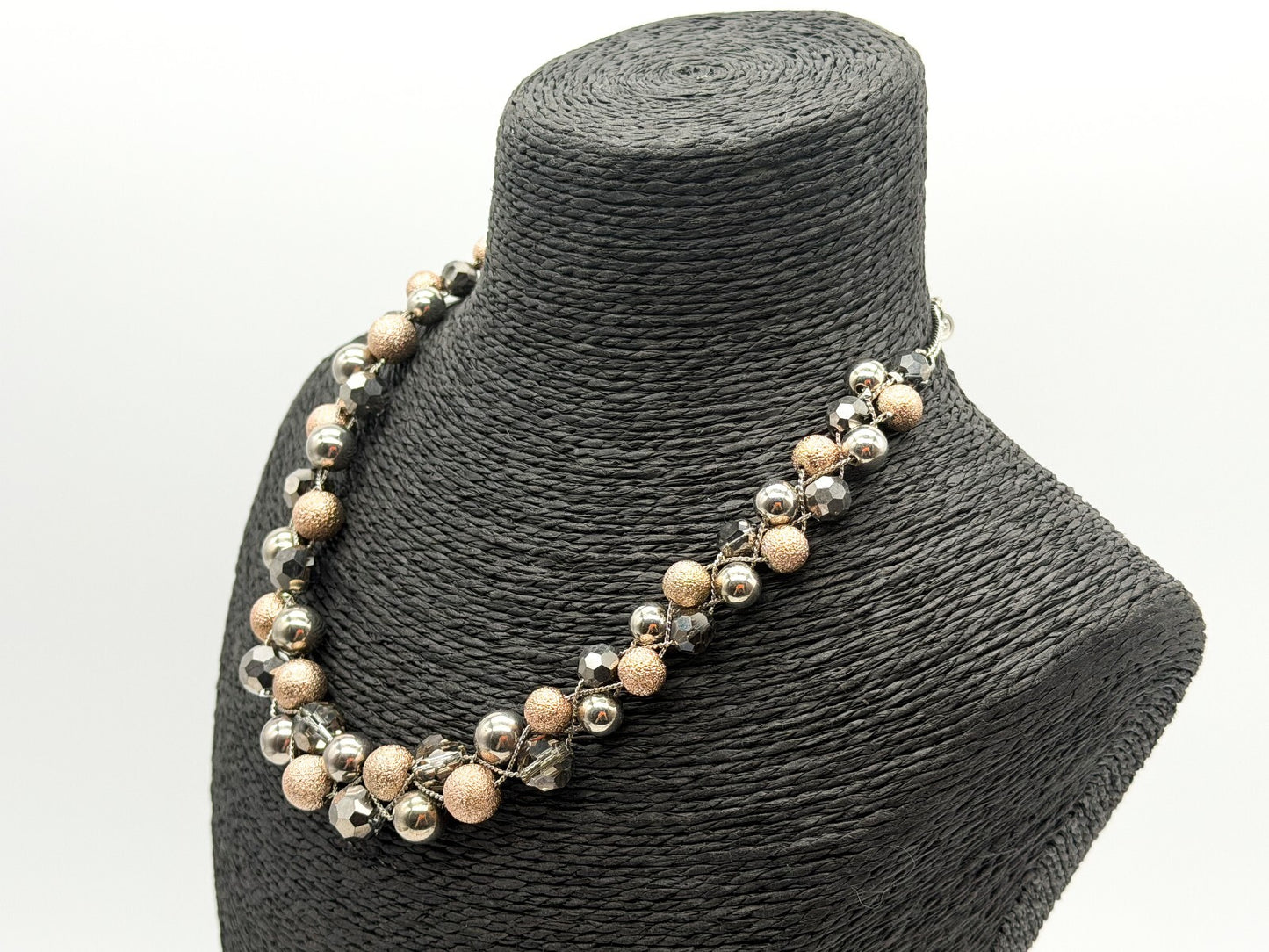 M&S Double Row Necklace Silver Rose Gold Tone Smoky Faceted Glass Beads 17”