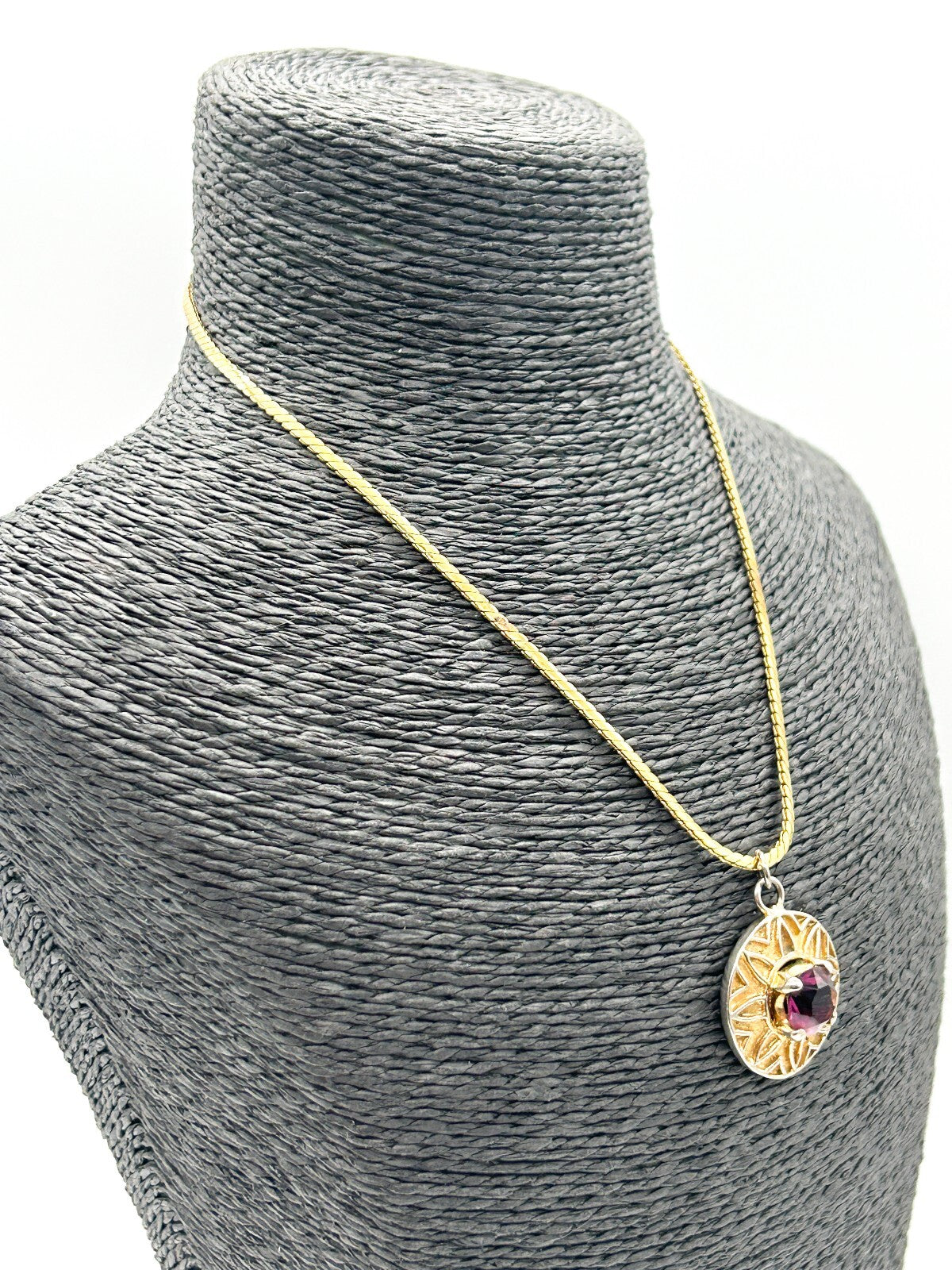 Vintage Purple Glass Statement Pendant Necklace Gold Tone Retro Jewellery