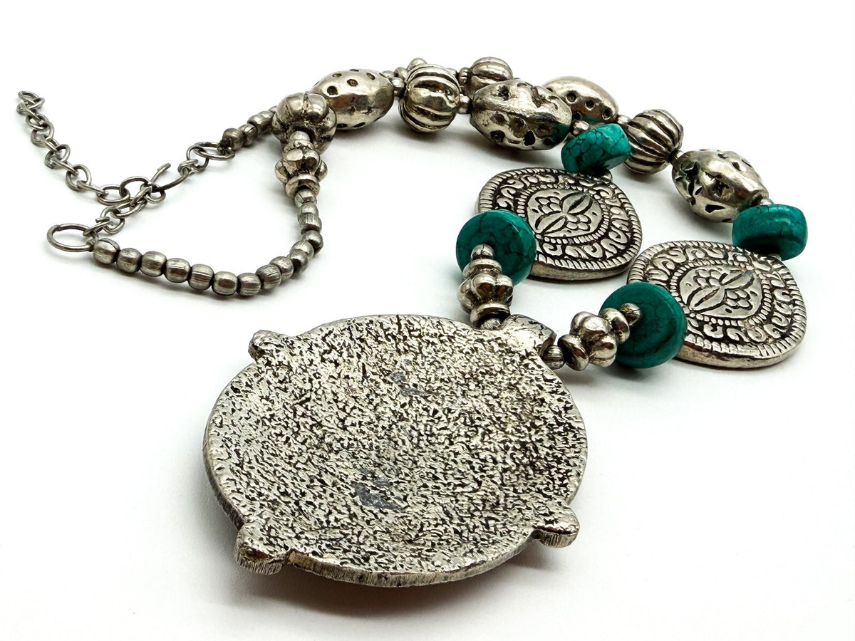 Large Silver Tone Medallion Statement Necklace Turquoise Howlite Boho Festival