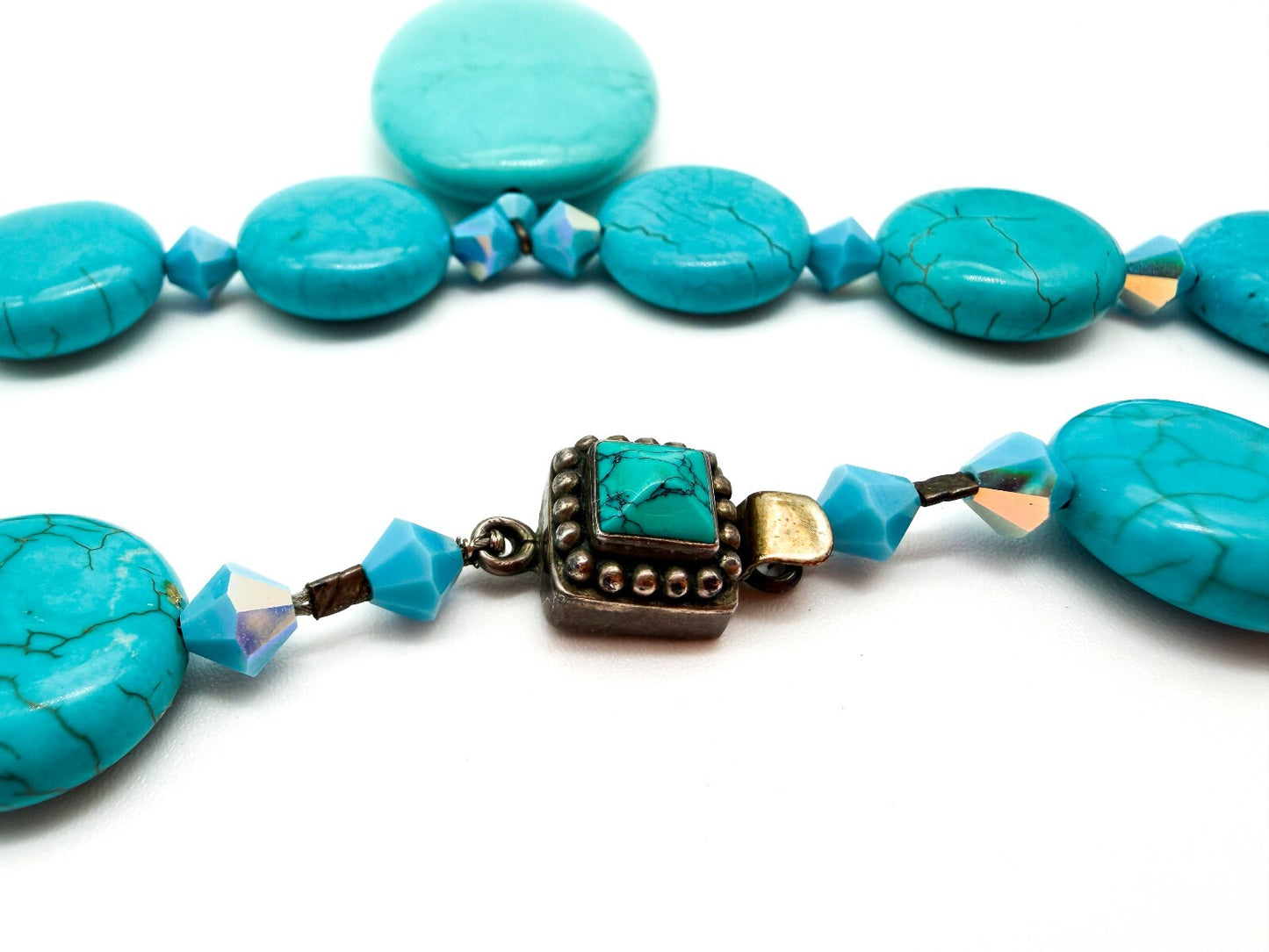 Turquoise Blue Magnesite Pendant Necklace AB Crystal Sterling Silver Box Clasp