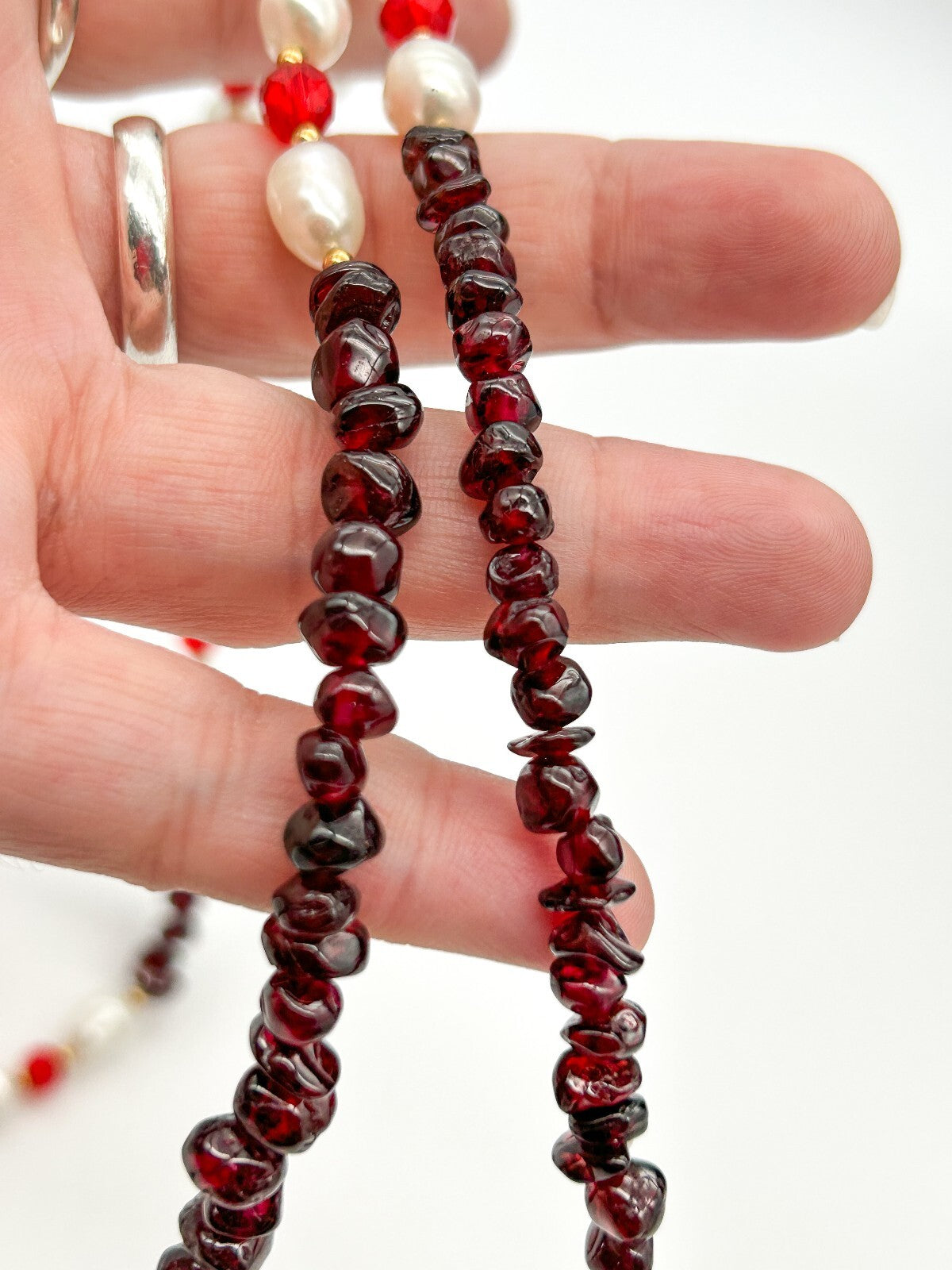 Long Garnet Necklace Freshwater Pearls Carnelian Heart Pendant Gemstone