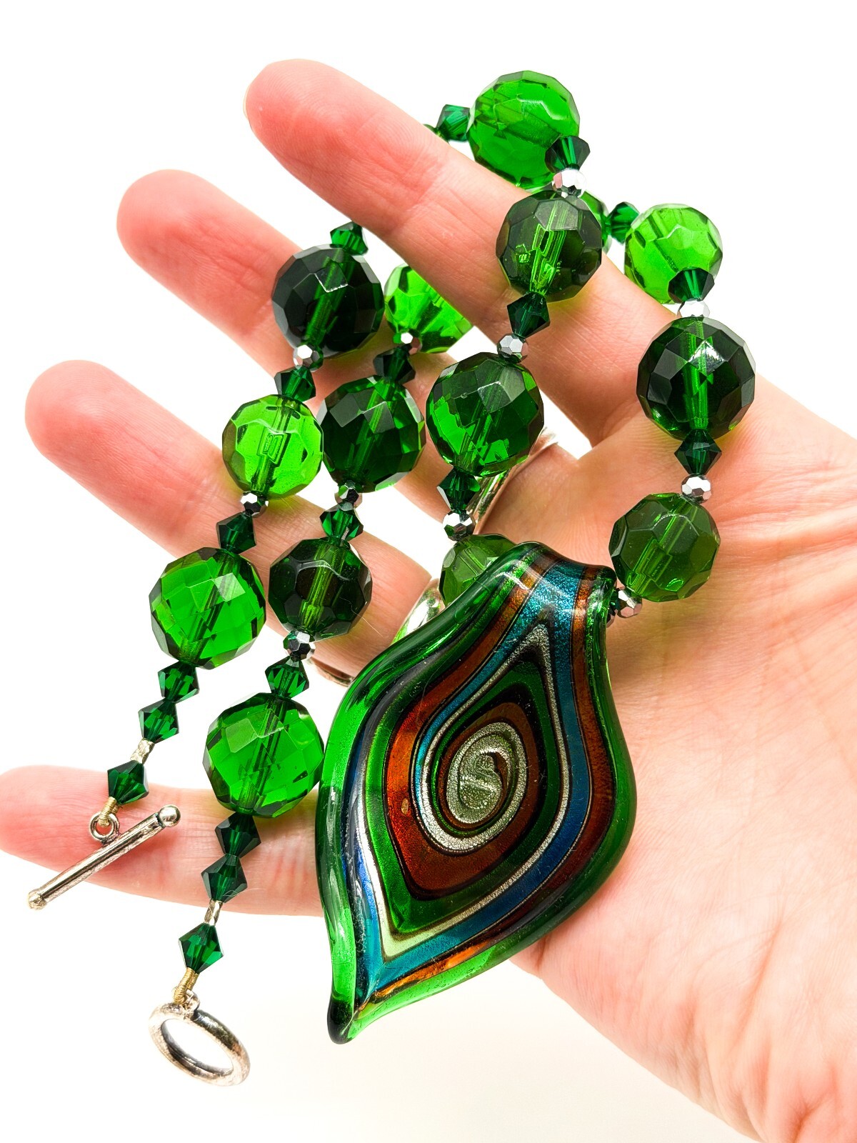 Murano Style Swirl Art Glass Pendant Necklace Green Crystal Glass Toggle Clasp