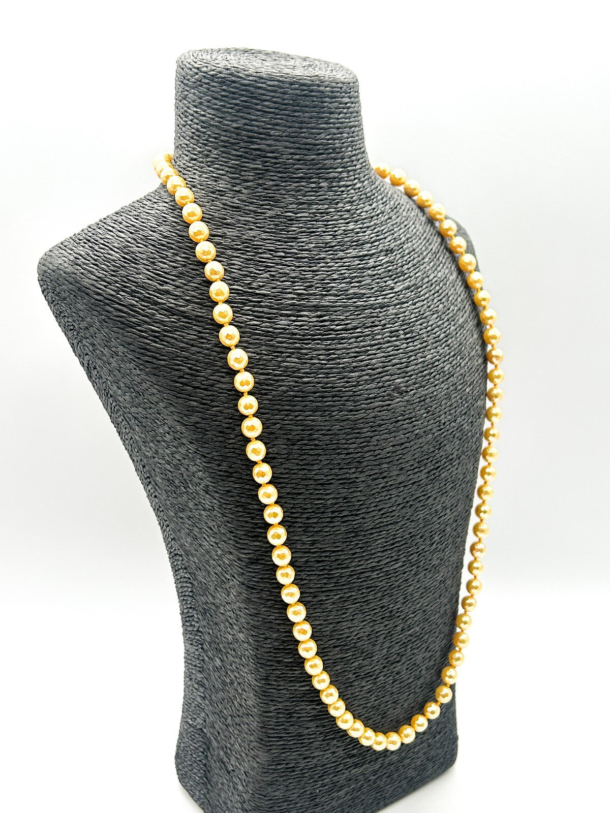 Vintage Yellow Glass Pearl Lustre Beaded Necklace Hand Knotted Long 29”