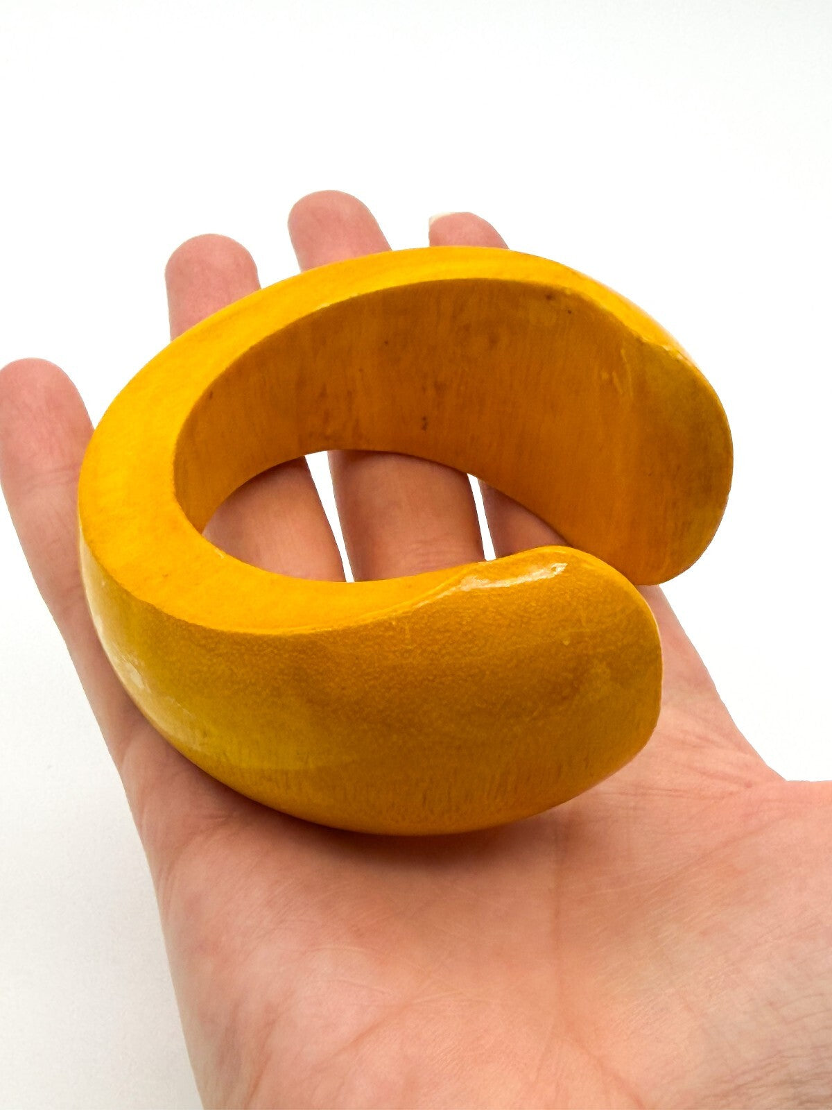 Vintage Mustard Yellow Wooden Cuff Bangle Wide Gloss Wood Statement Bracelet