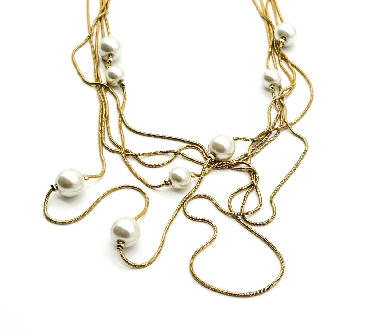 Vintage Gold Tone Multi Strand Snake Chain Necklace Faux Pearl Long Layered