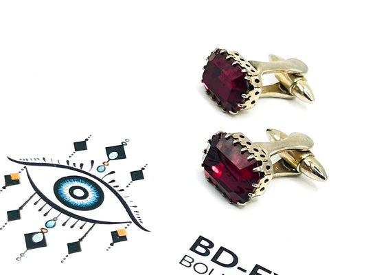 Vintage Ruby Red Faceted Glass Gold Tone Cufflinks PAT APP Prong Set 1950s 60s