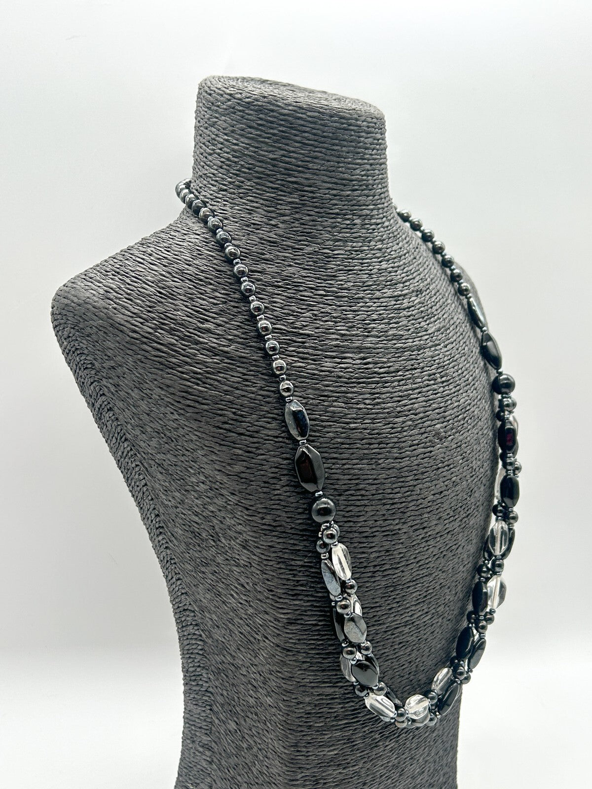 Vintage Black Clear Glass Triple Strand Twist Necklace Statement Beaded 26.5”