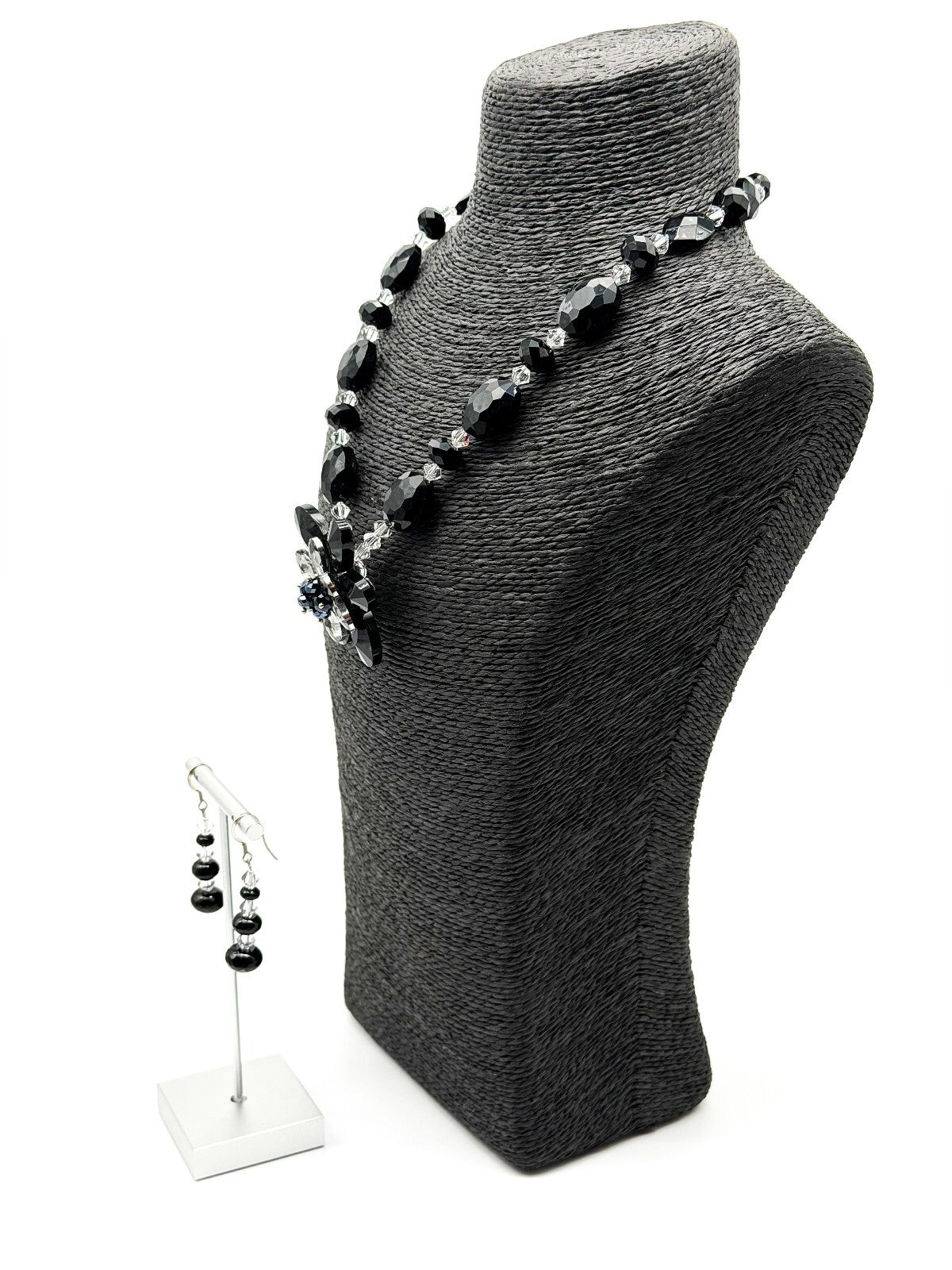 Black Crystal Flower Statement Necklace Earrings Set Faceted Glass Evening Wear