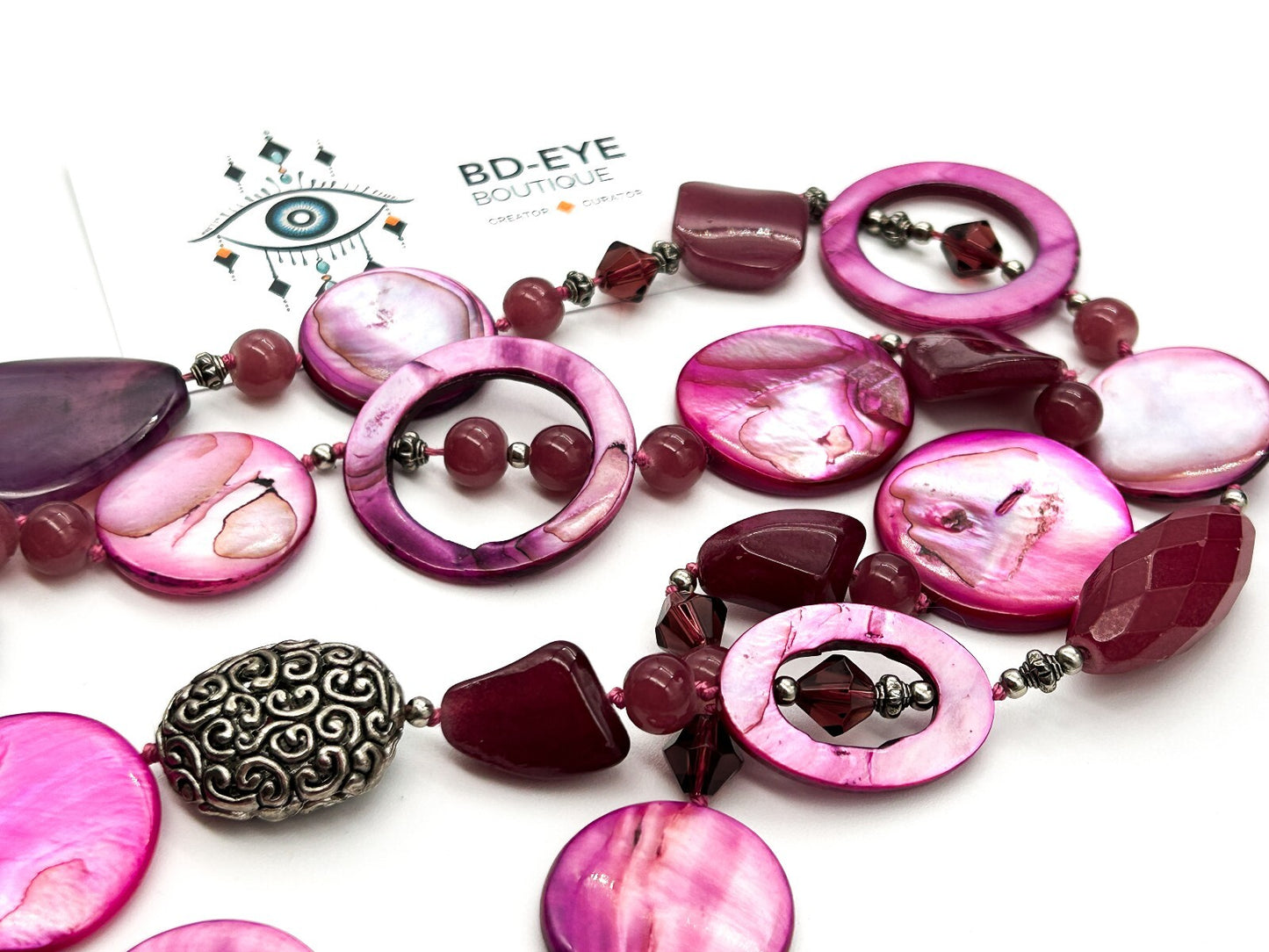 Hand Knotted Pink Shell Statement Necklace Magenta Purple Glass Boho