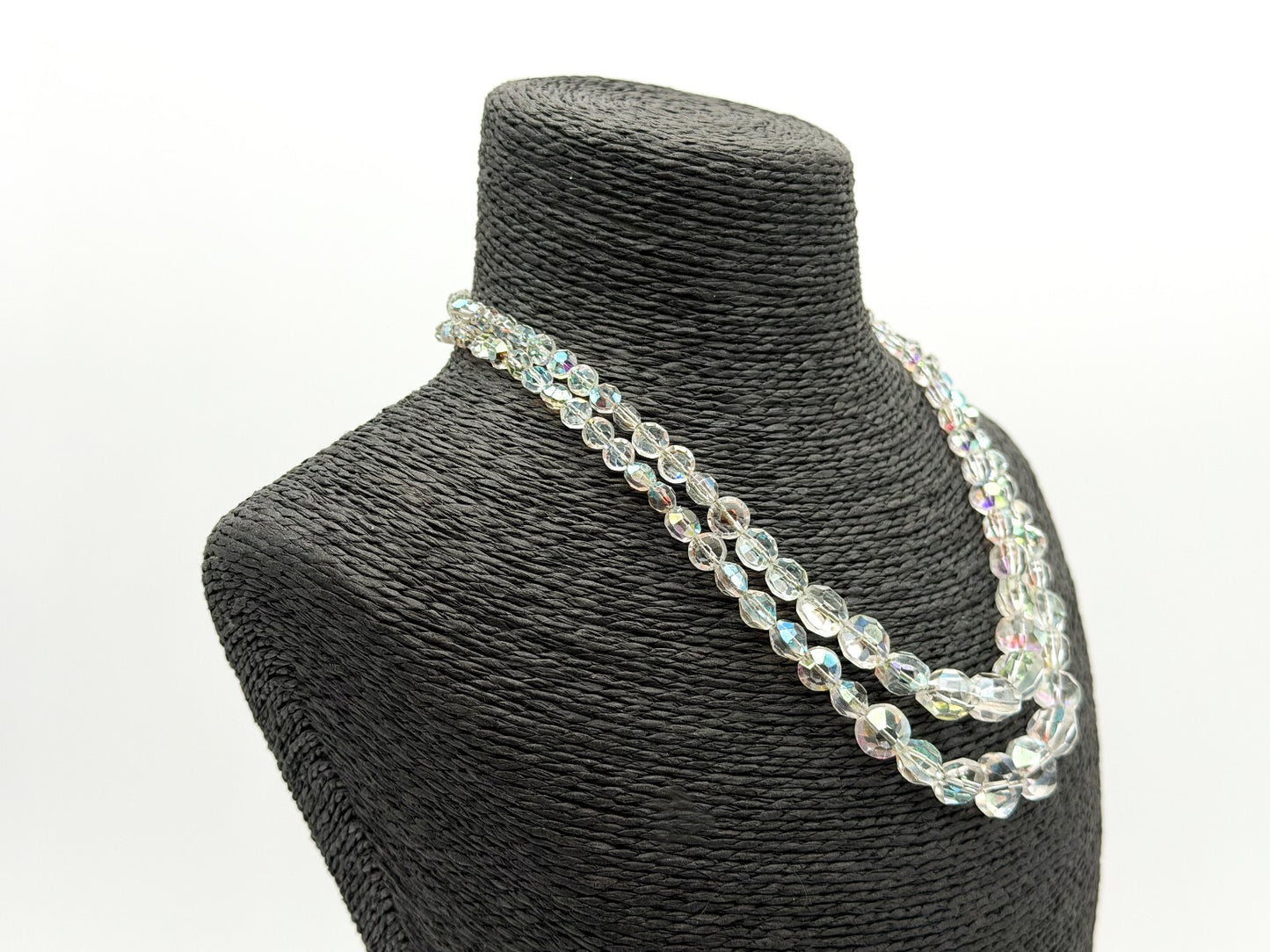 Vintage Aurora Borealis Crystal Glass Double Strand Necklace Rhinestone Clasp